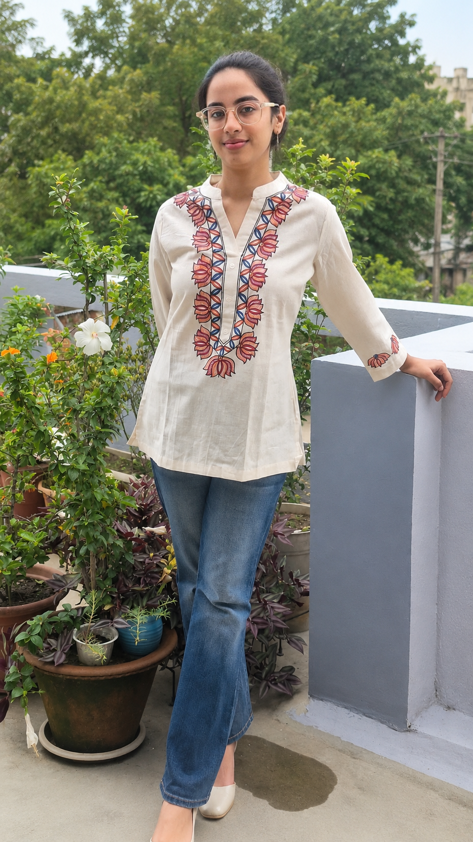 Ivory Pure Cotton Hand-Painted Madhubani Art Short Kurta