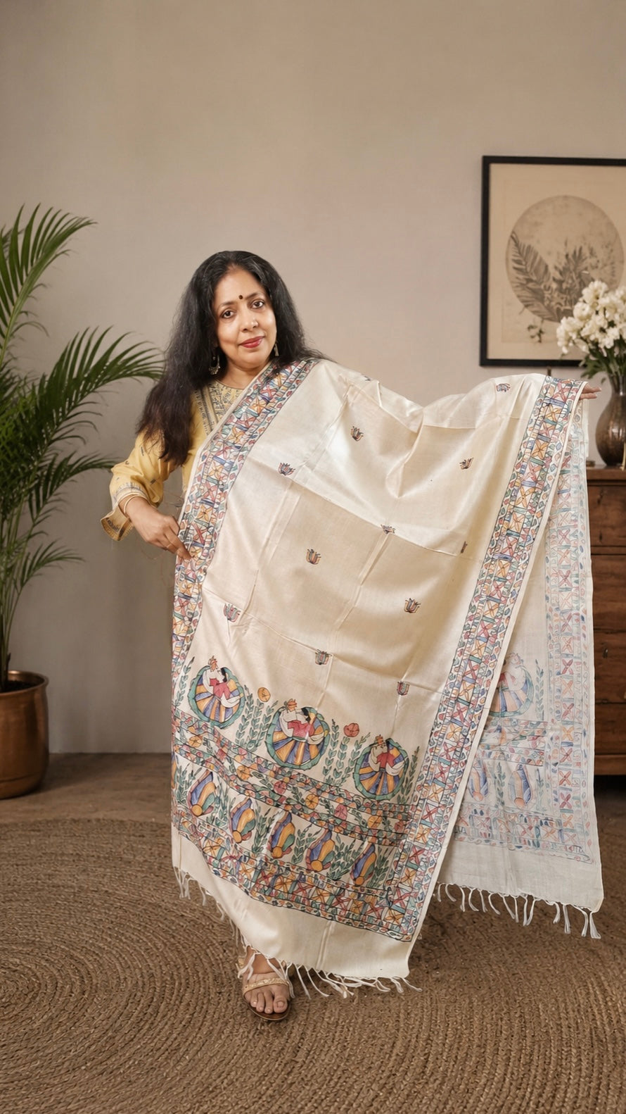Natural Ivory Pure Tussar Silk Hand-Painted Madhubani Dupatta