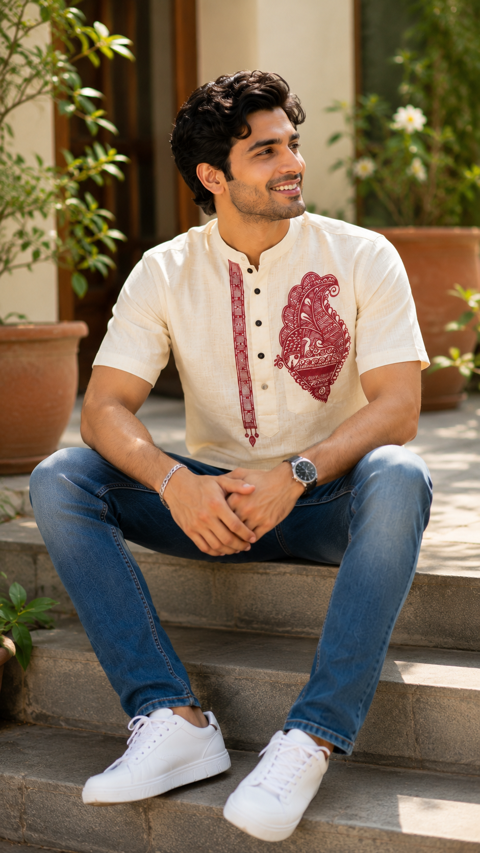 Hand-Painted Madhubani Art Men's Short Kurta • Cream • Linen-Cotton