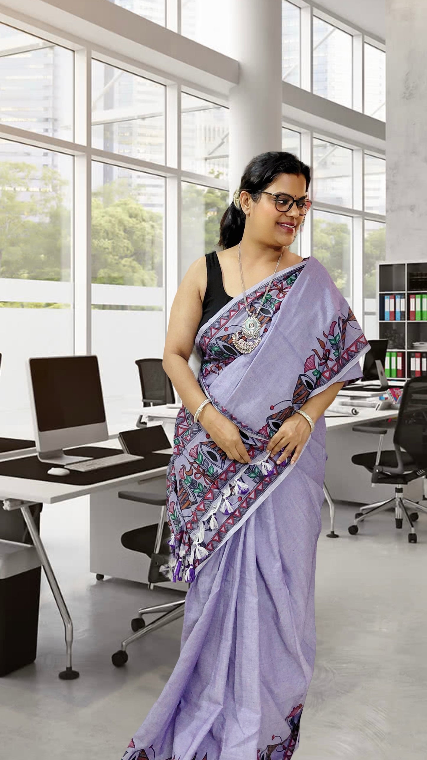Lavender Mist Khadi Cotton Madhubani Hand-Painted Saree – Shiv Parvati Theme