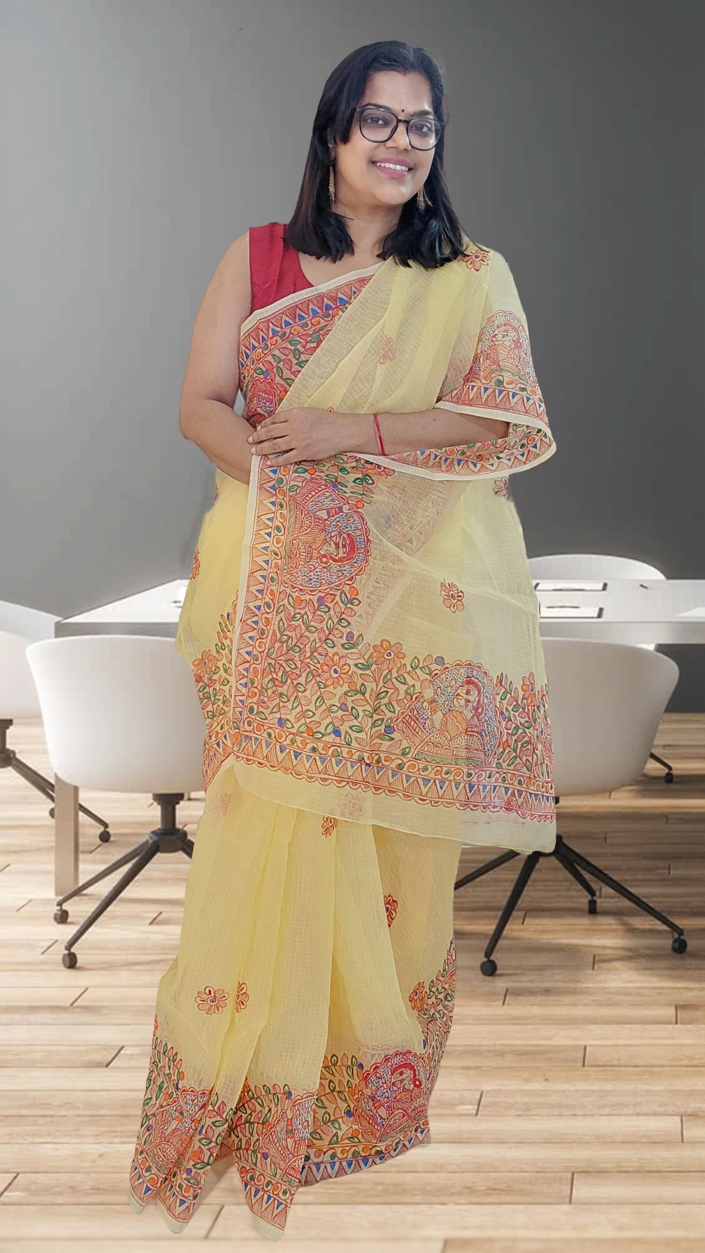 Soft Pastel Lemon Yellow Portrait Vines Madhubani Kota Doria Saree