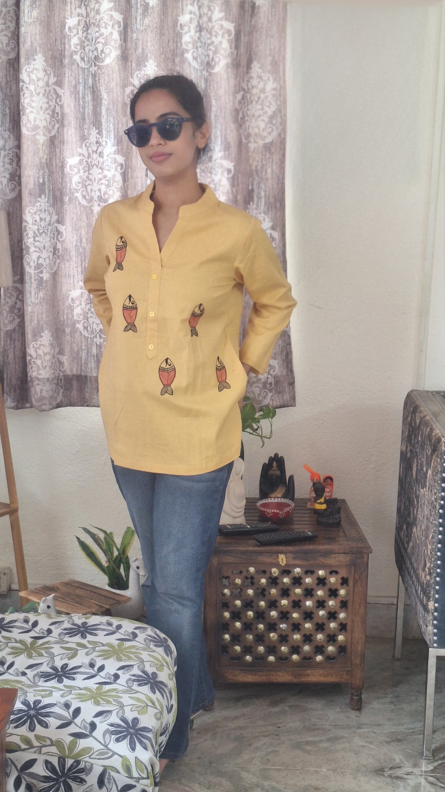 Butter Yellow Pure Cotton Hand-Painted Madhubani Nature Motif Short Kurta
