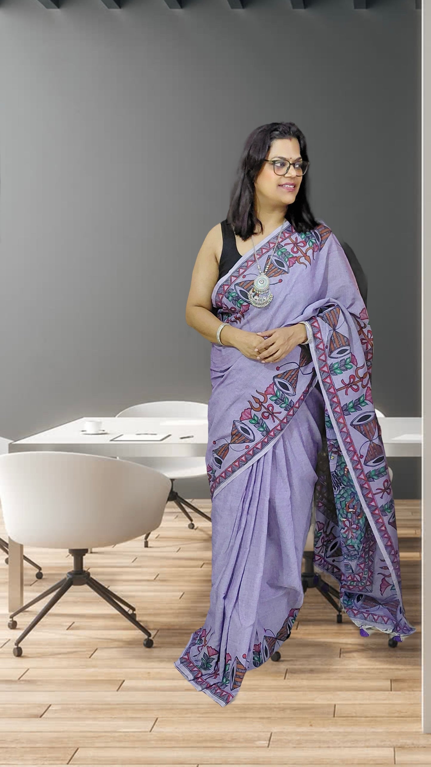 Lavender Mist Khadi Cotton Madhubani Hand-Painted Saree – Shiv Parvati Theme