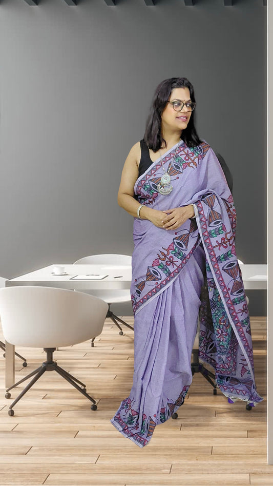 Lavender Mist Khadi Cotton Madhubani Hand-Painted Saree – Shiv Parvati Theme