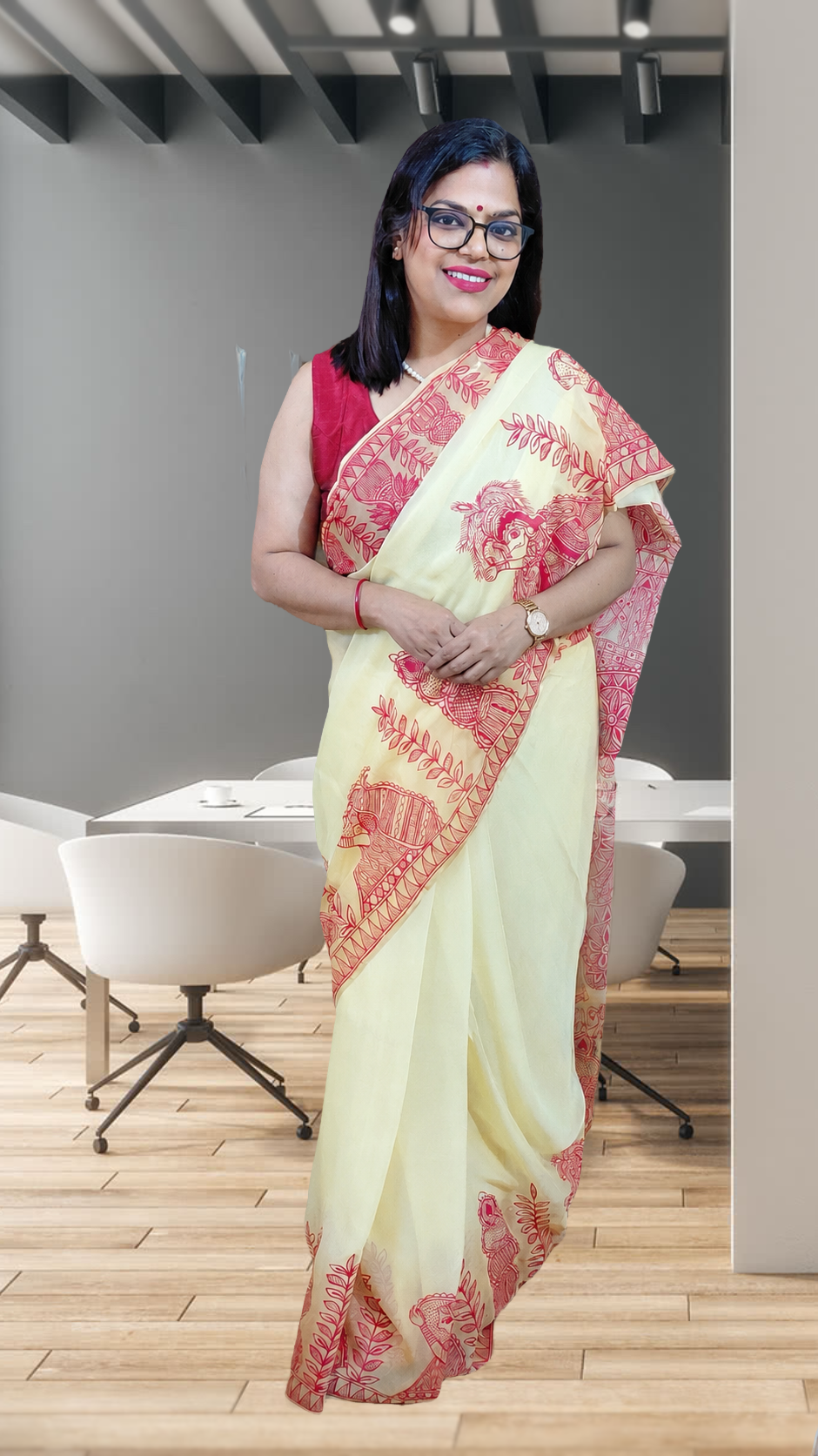 Soft Butter Yellow Pure Chiffon Kohbar Madhubani Hand-Painted Saree