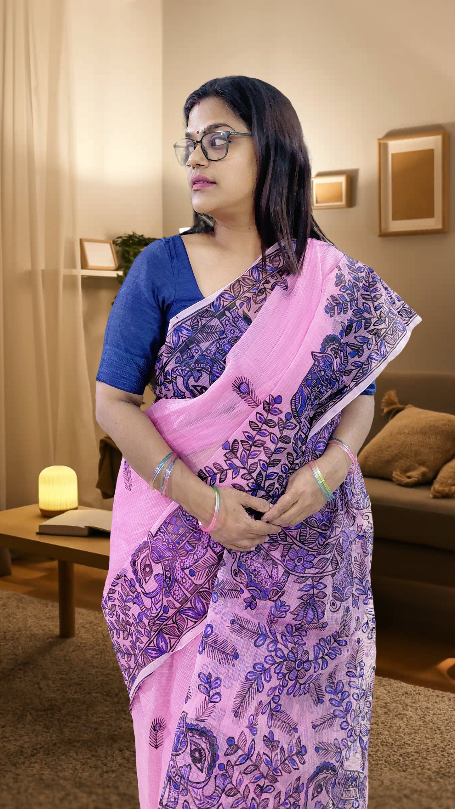 Blush Pink Gajraj Garden Madhubani Kota Doria Saree