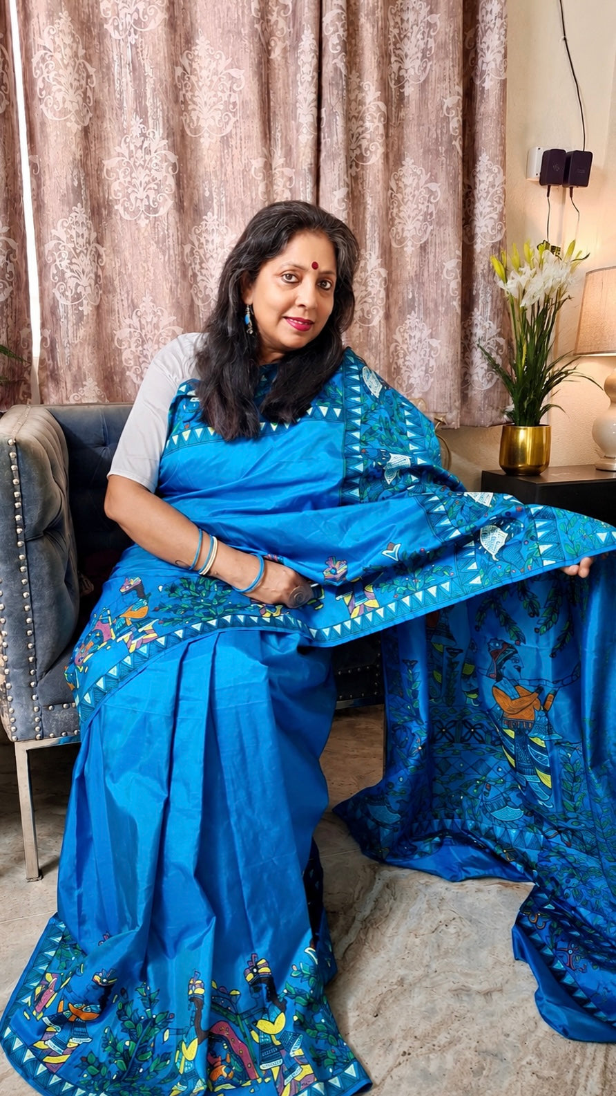 💠Turquoise Blue Pure Silk Madhubani Saree