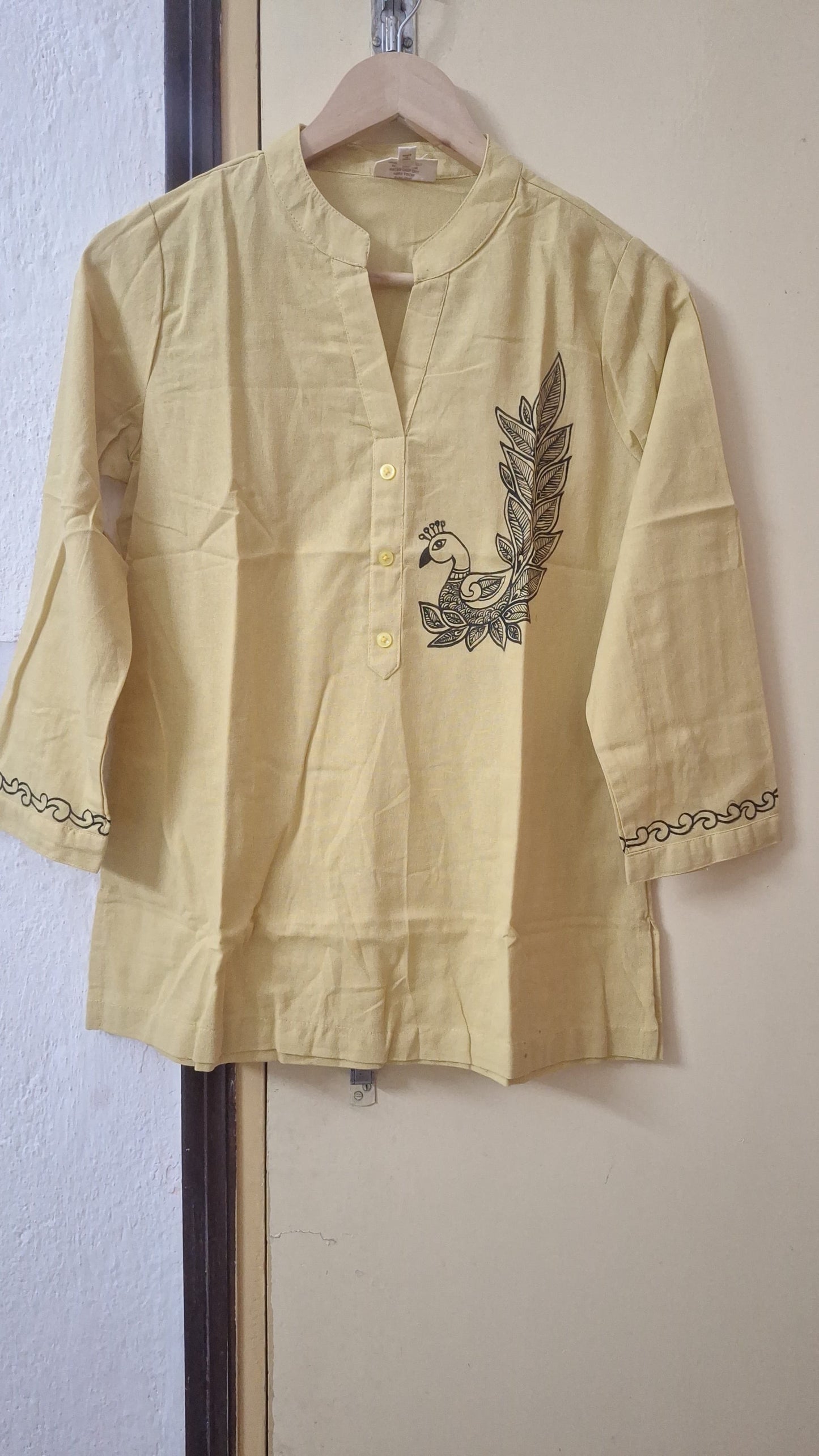 Butter Yellow Pure Cotton Hand-Painted Madhubani Nature Motif Short Kurta