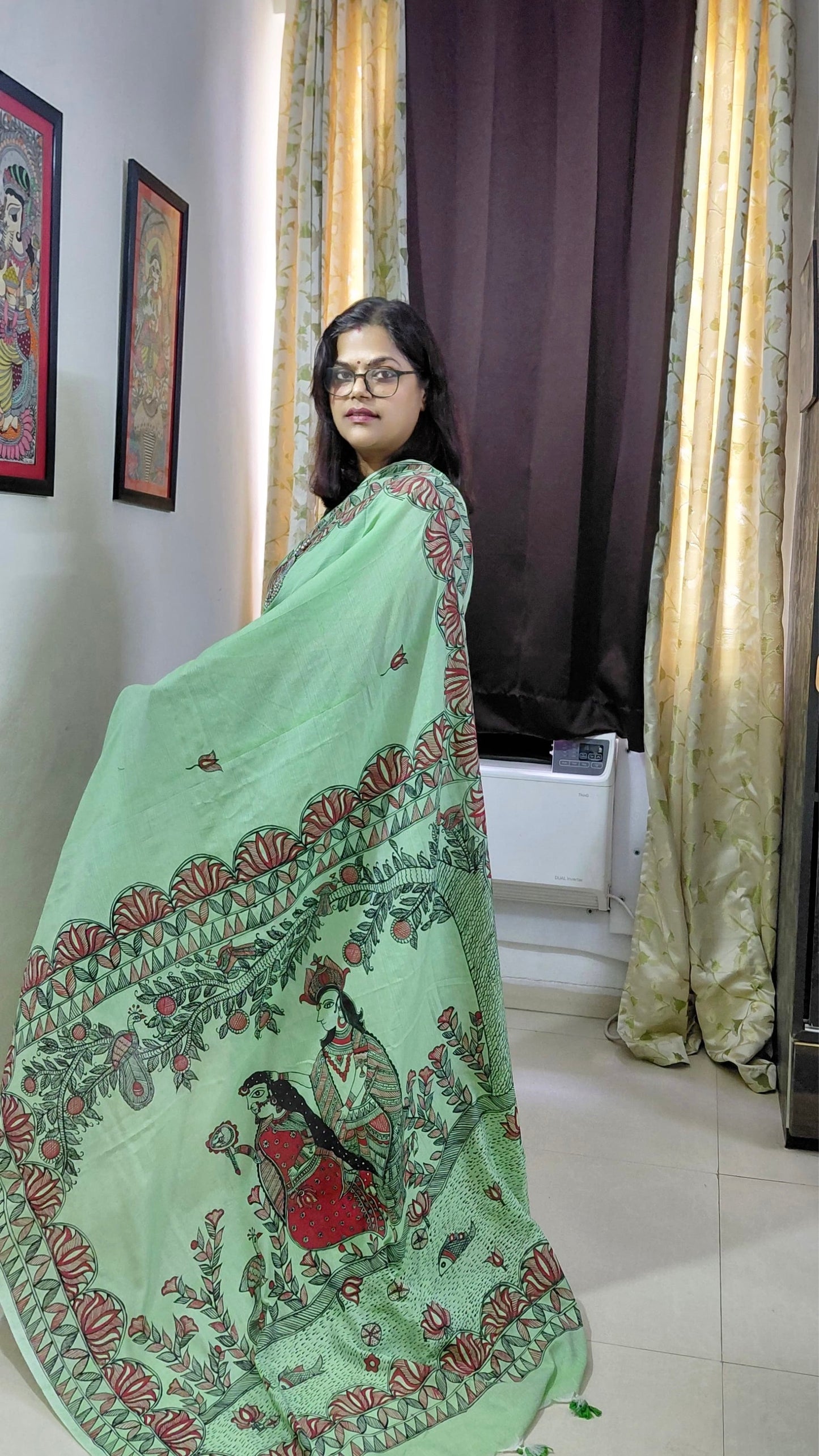 Mint Green Khadi Cotton Madhubani Hand-Painted Saree – Radha Krishna Garden