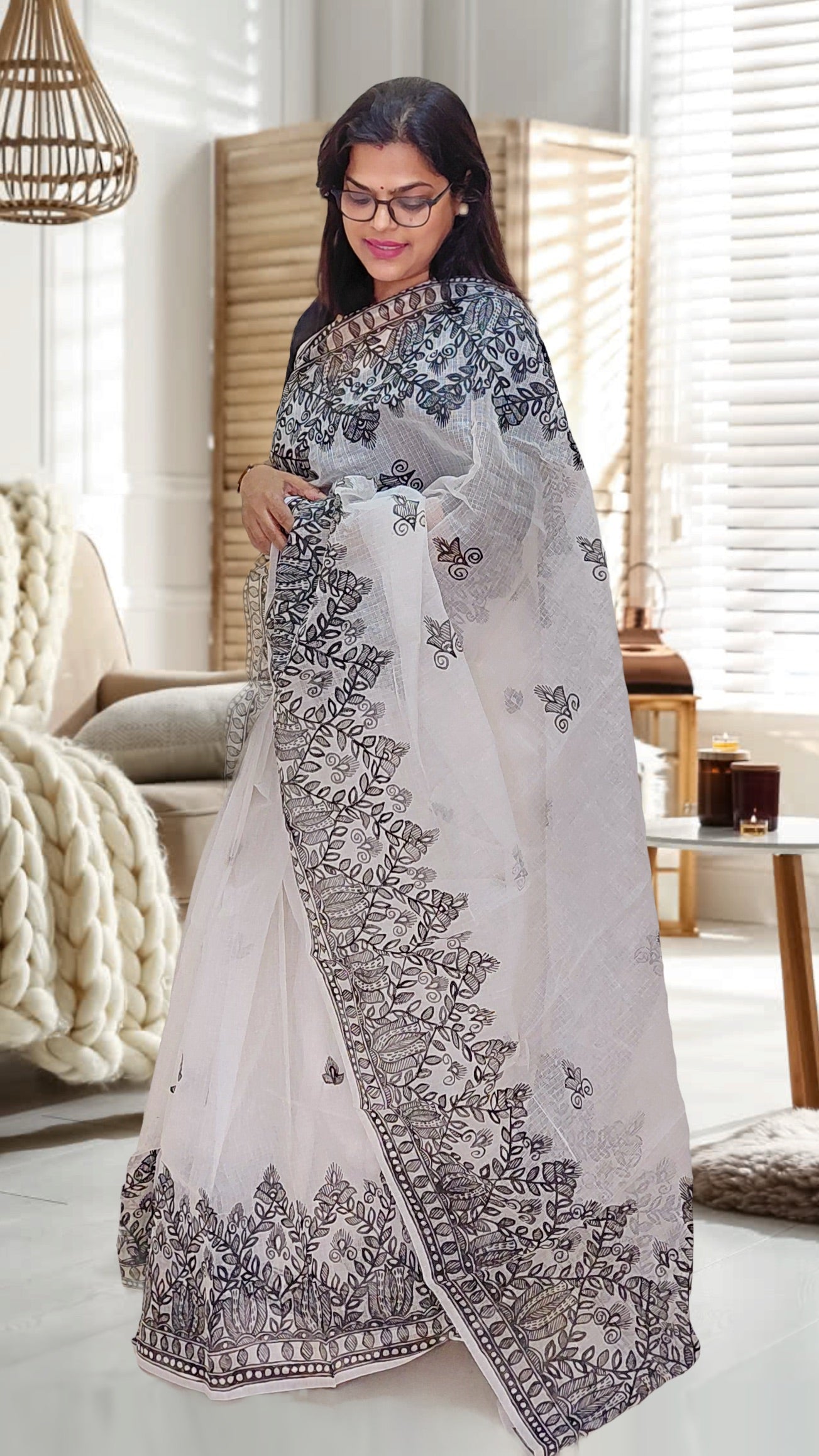 Ivory Monochrome Madhubani Kota Doria Saree