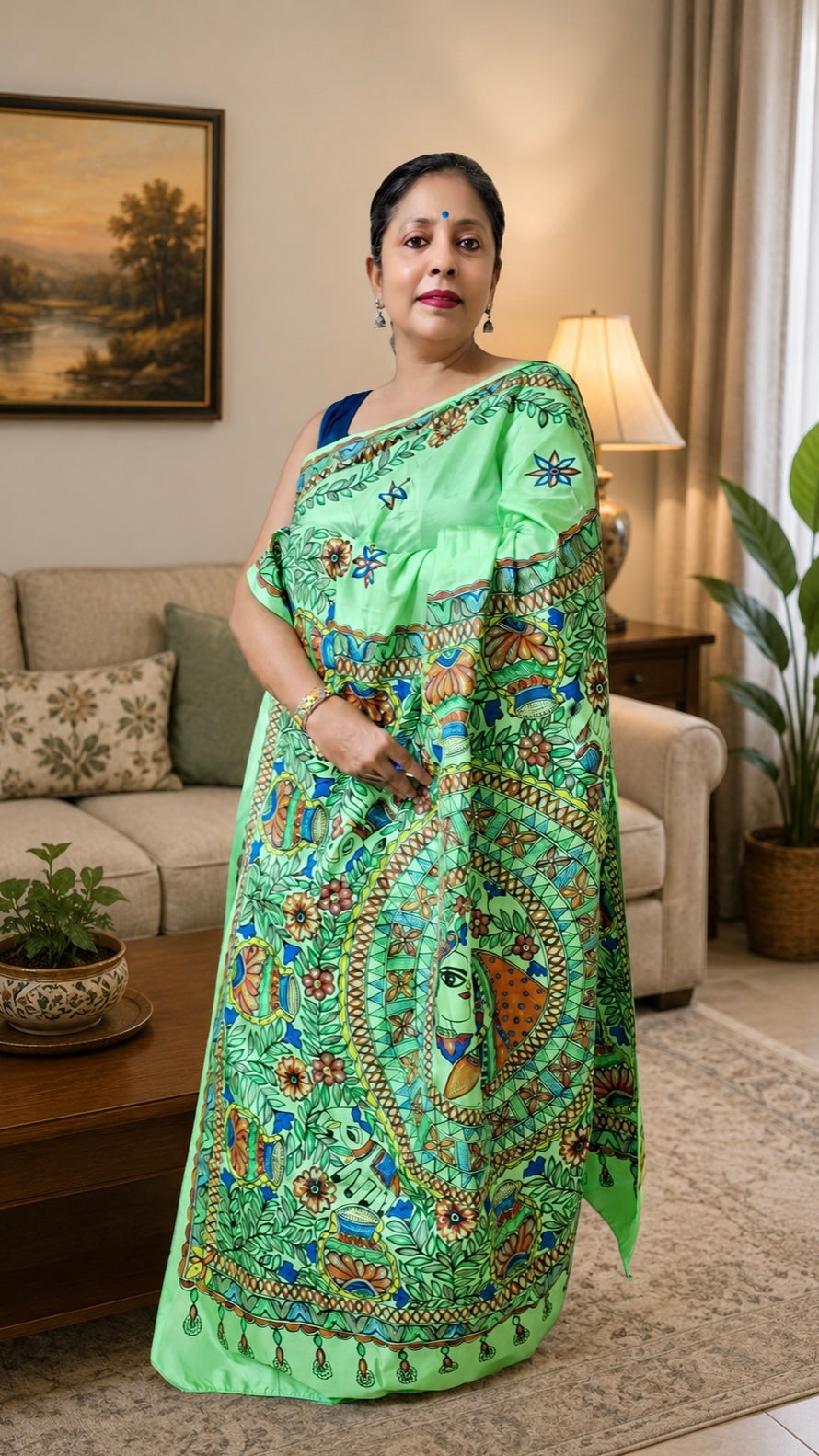 Mint Green Pure Silk Madhubani Saree | Rangika Studio