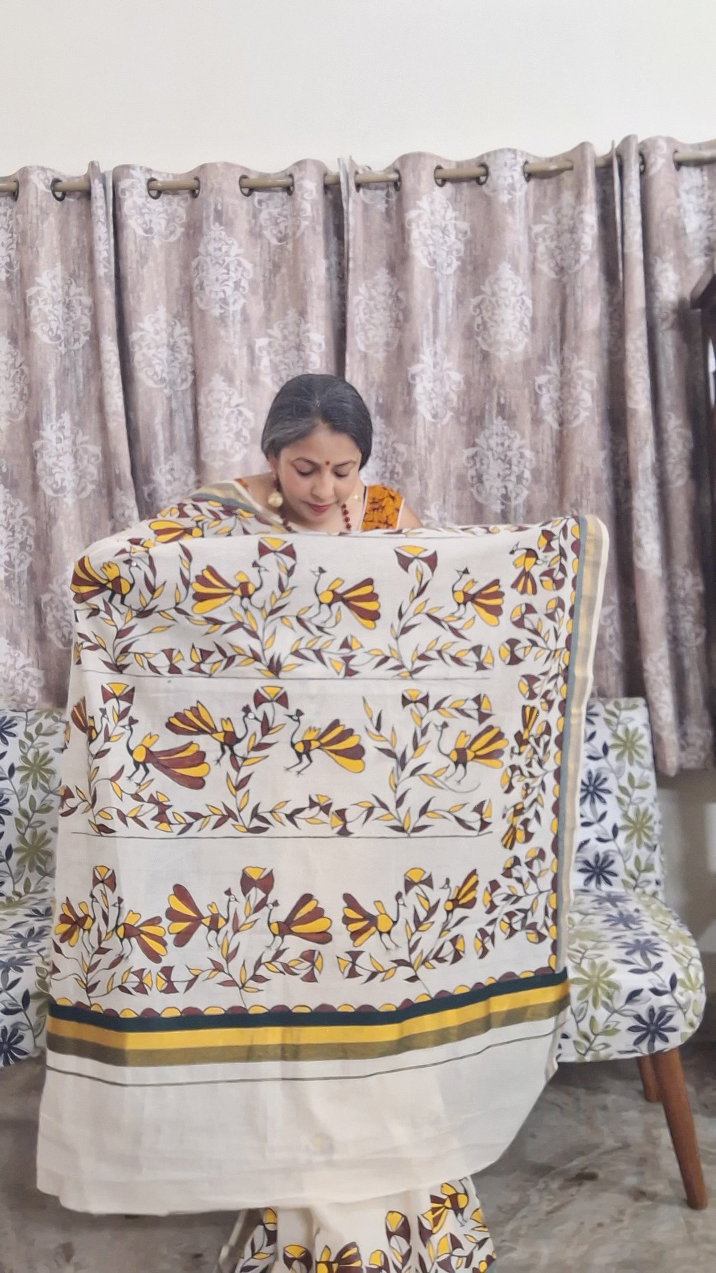 Artistic Kerala cotton saree with folk bird painting and grey border