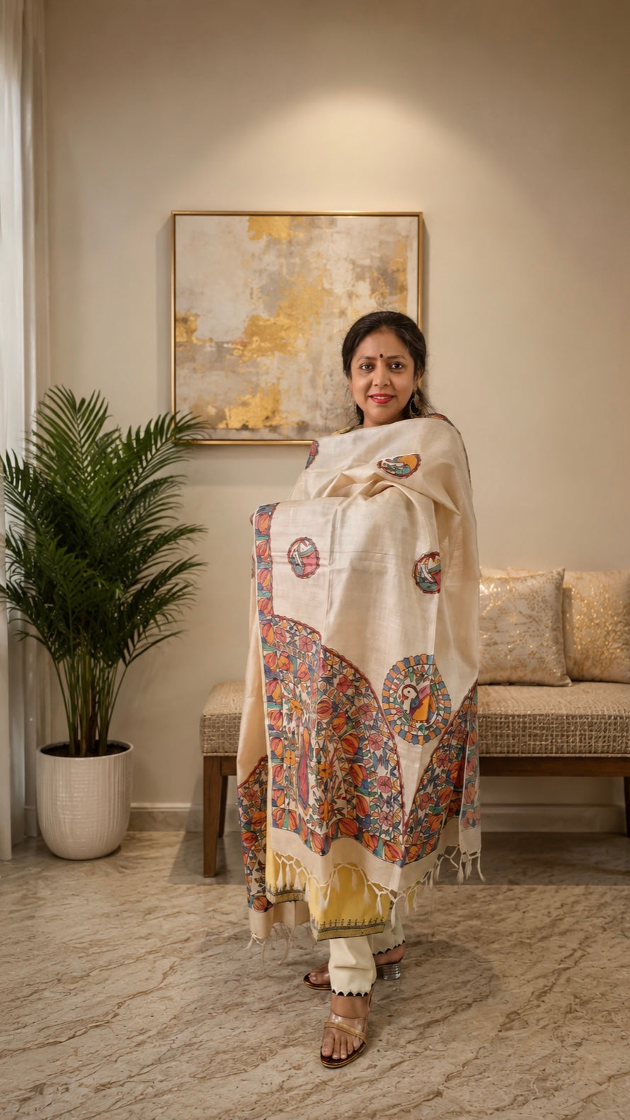 Natural Ivory Pure Tussar Silk Hand-Painted Madhubani Dupatta