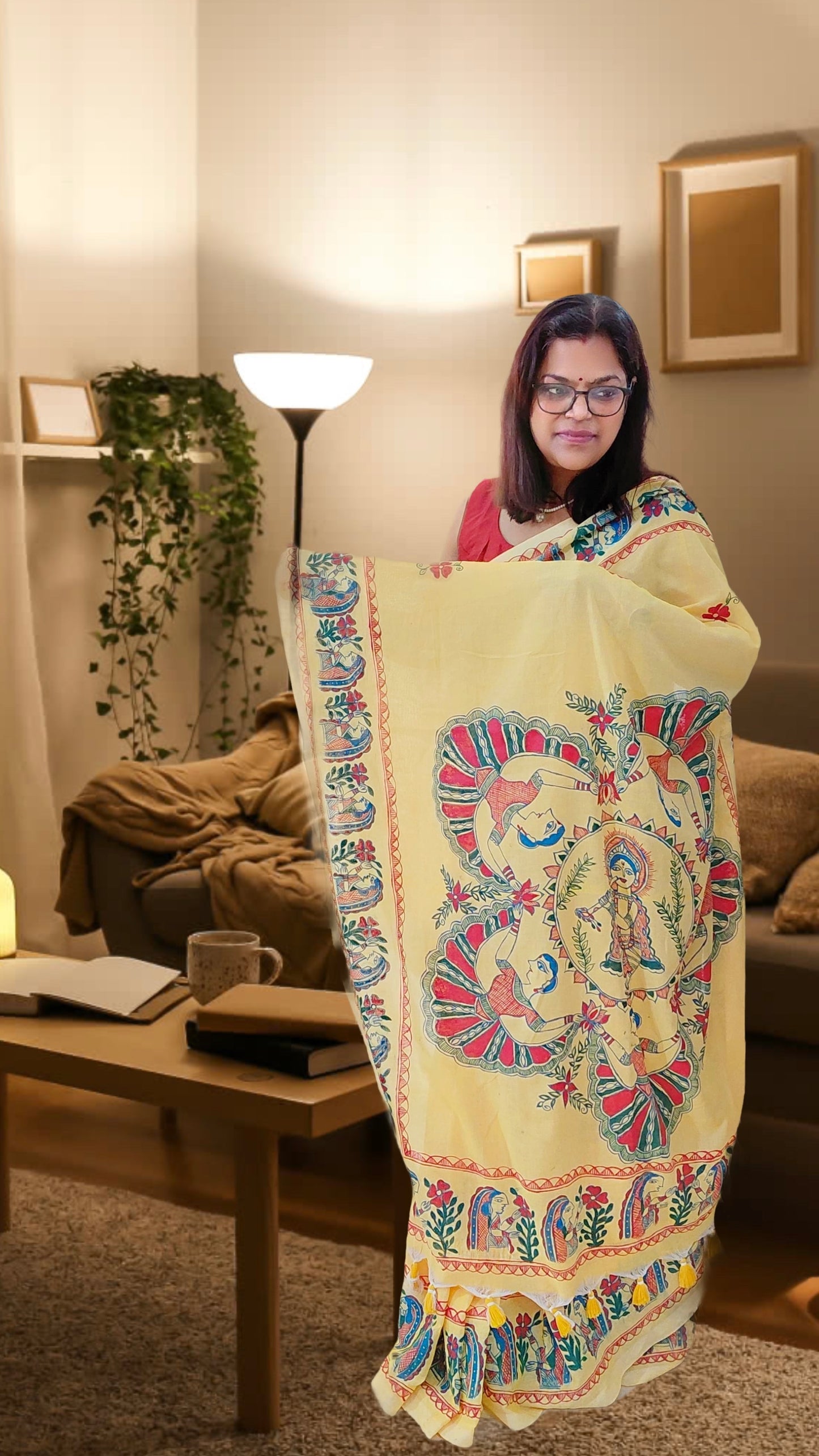 Primrose Yellow Khadi Cotton Madhubani Hand-Painted Saree – Krishna Raas Theme