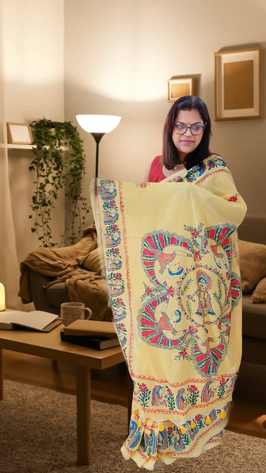 Primrose Yellow Khadi Cotton Madhubani Hand-Painted Saree – Krishna Raas Theme