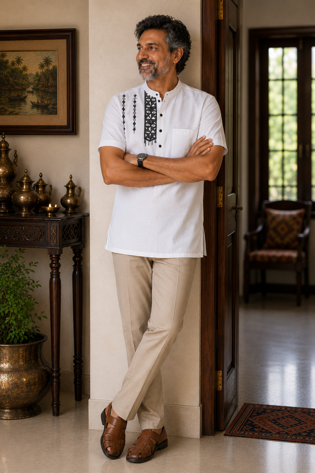 Hand-Painted Madhubani Art Men's Short Kurta • White • Linen-Cotton