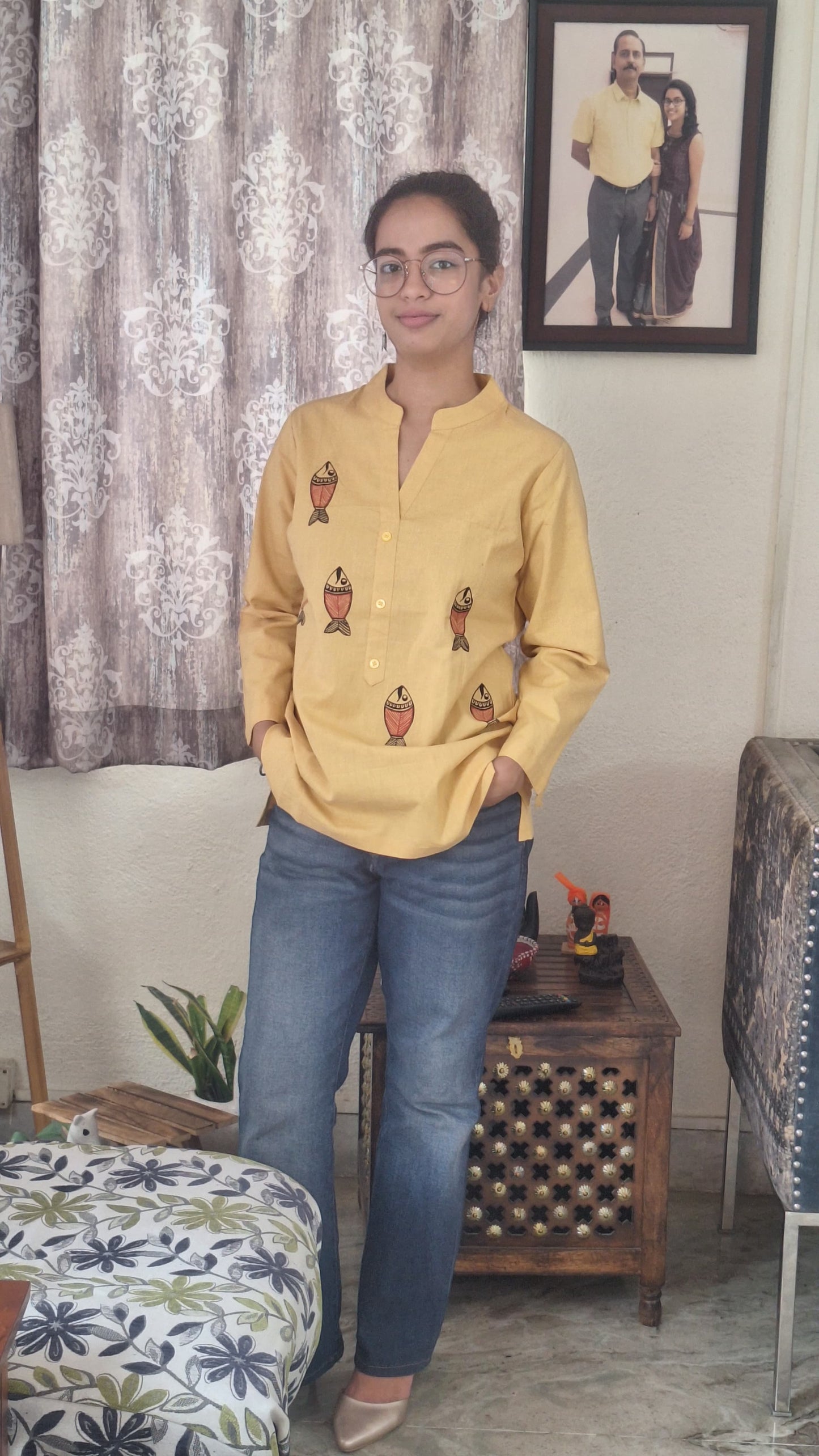 Butter Yellow Pure Cotton Hand-Painted Madhubani Nature Motif Short Kurta