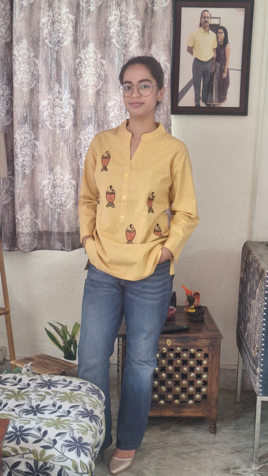 Butter Yellow Pure Cotton Hand-Painted Madhubani Nature Motif Short Kurta