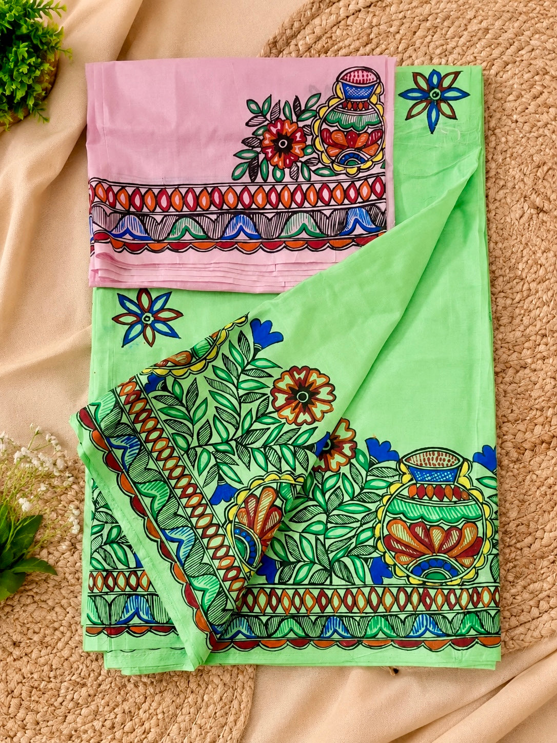 Mint Green Pure Silk Madhubani Saree | Rangika Studio
