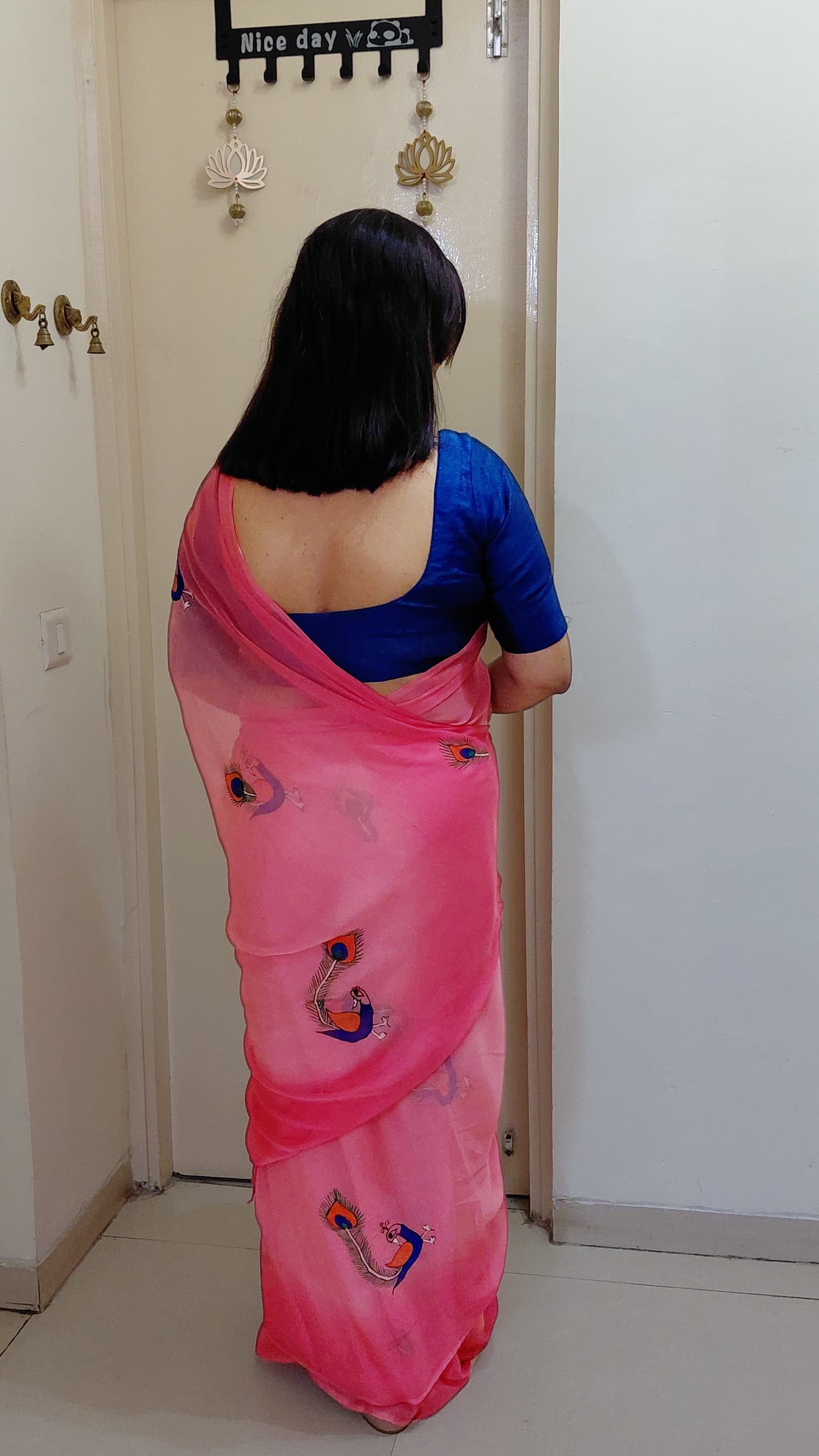 Back view of Candy Pink Hand-Painted Madhubani Chiffon Saree