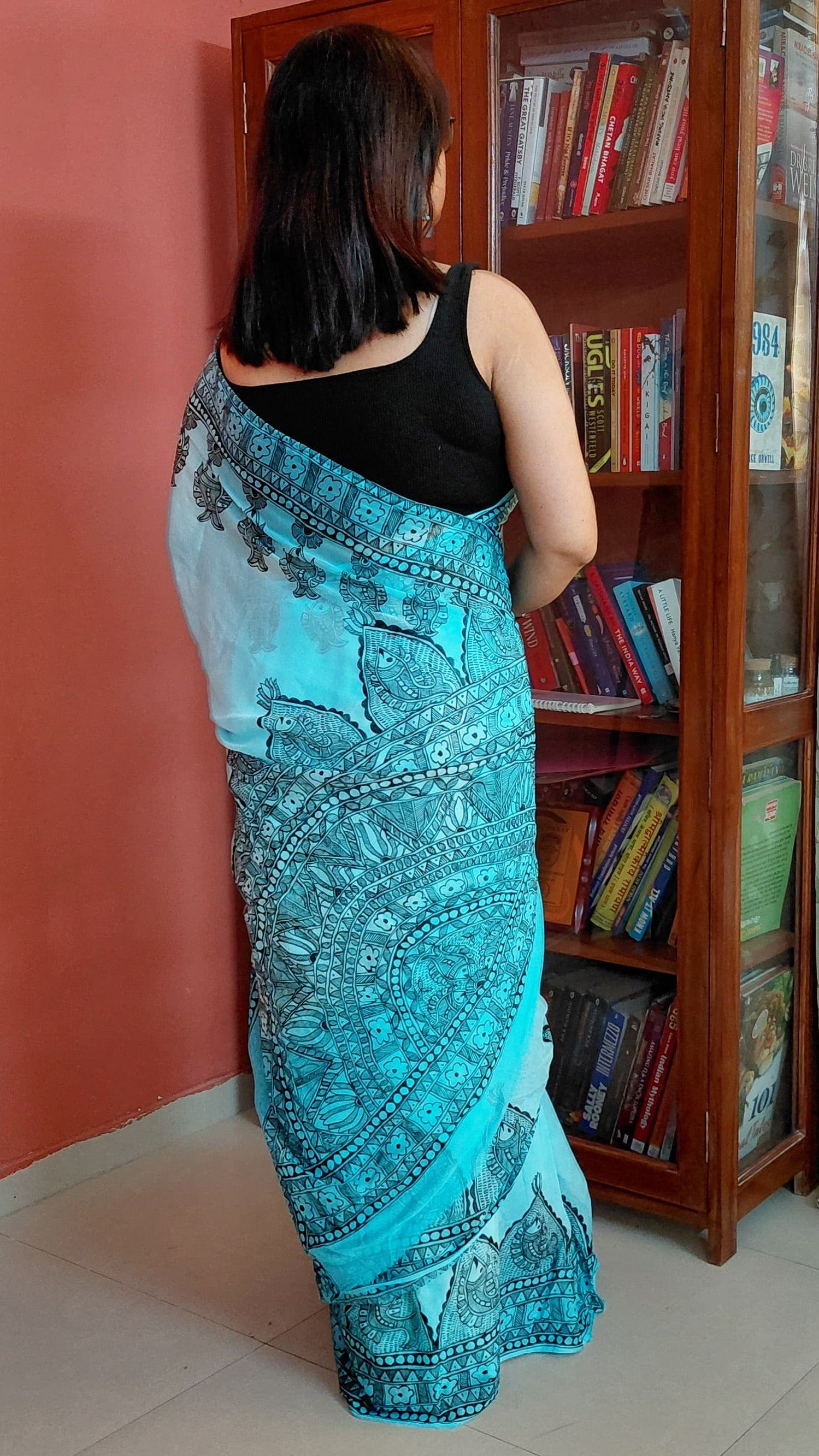 Back view of Sky Blue Ombre Hand-Painted Madhubani Chiffon Saree