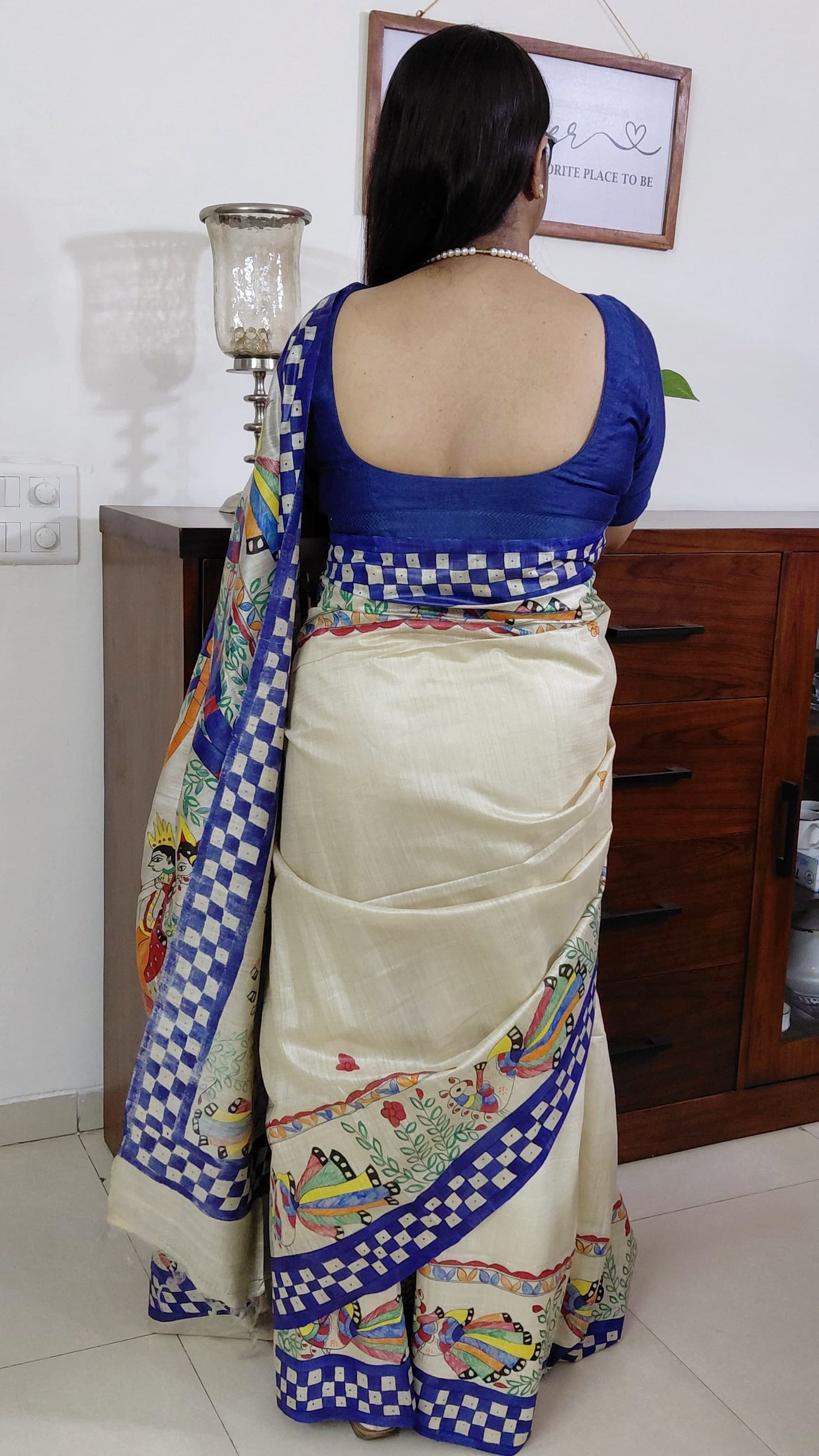 Back view of handpainted Radha Krishna Jhoola saree