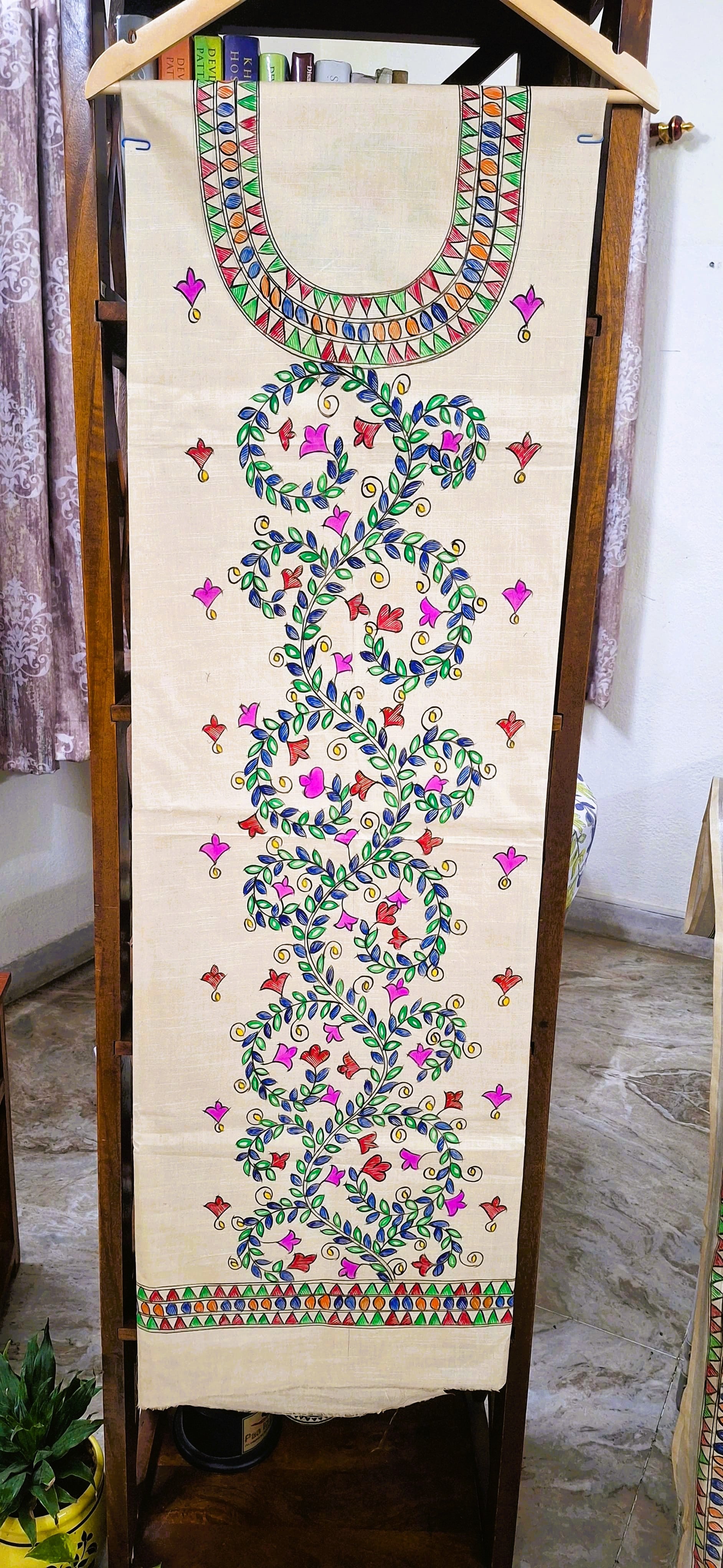Beige Madhubani cotton kurta with hand-painted vine design