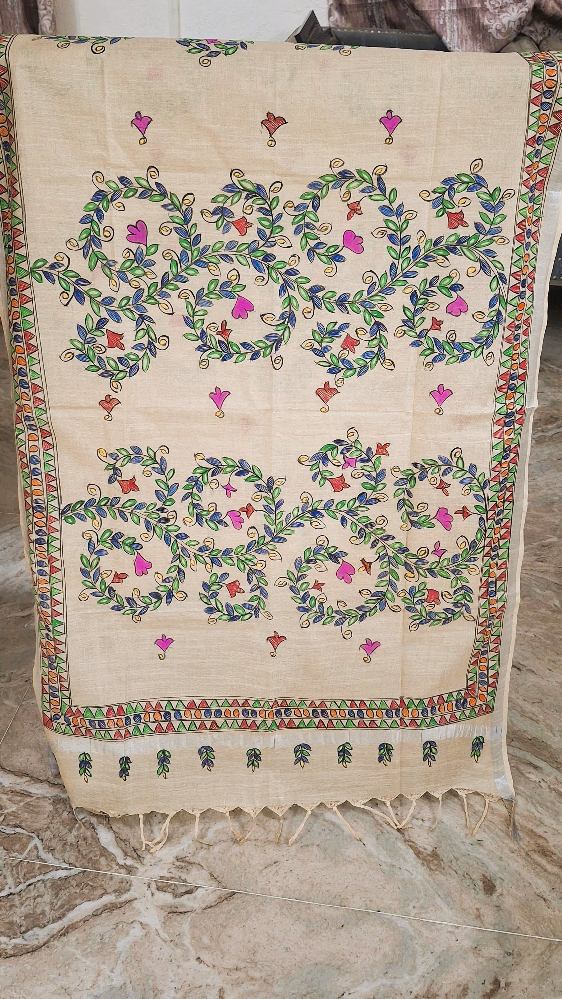 Beige hand-painted Madhubani dupatta with vine floral motifs