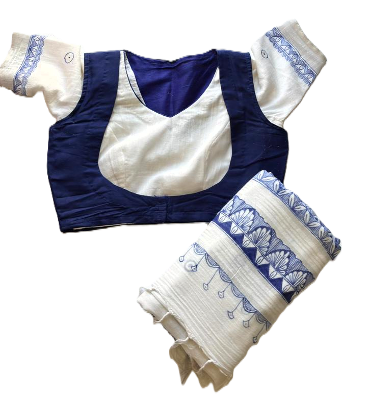 artisan hand painted linen saree and blouse Madhubani design