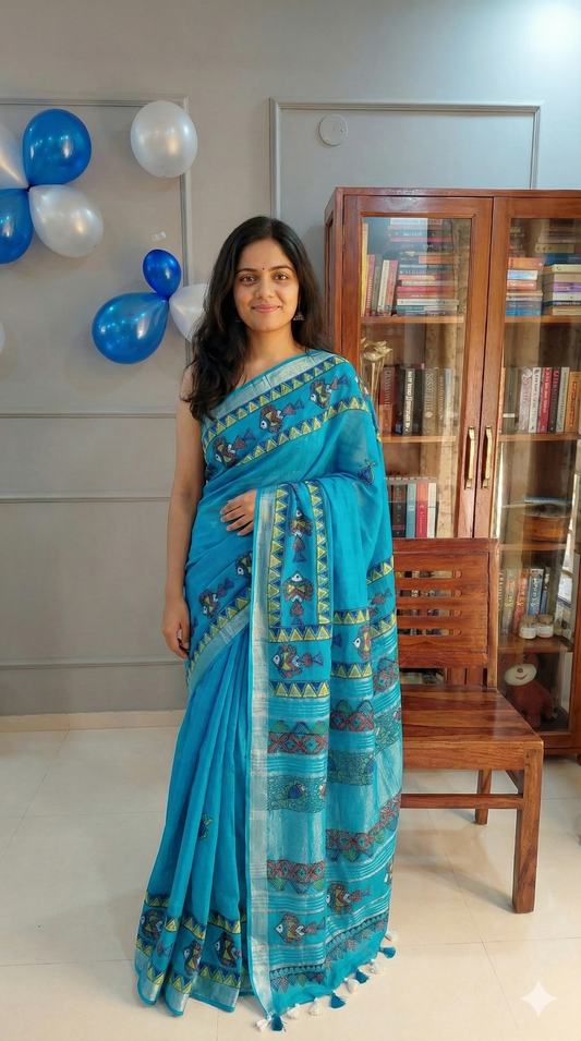 Light Blue Linen Saree with Bouse - HandPainted Madhubani Art Fish & Floral motif
