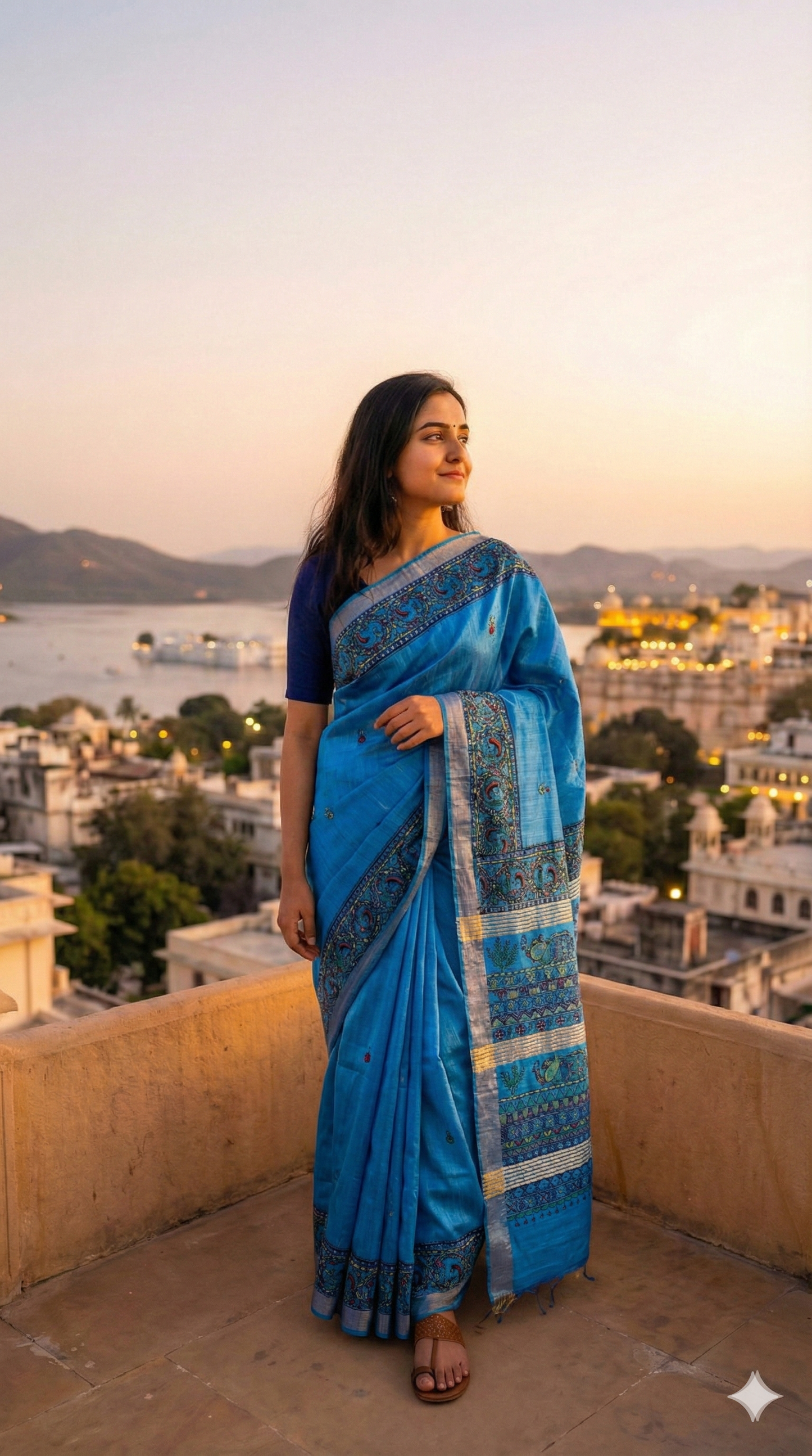 Electric Blue Tussar Silk Saree with Blouse - Peacock & Floral Motif Hand Painted Madhubani Art