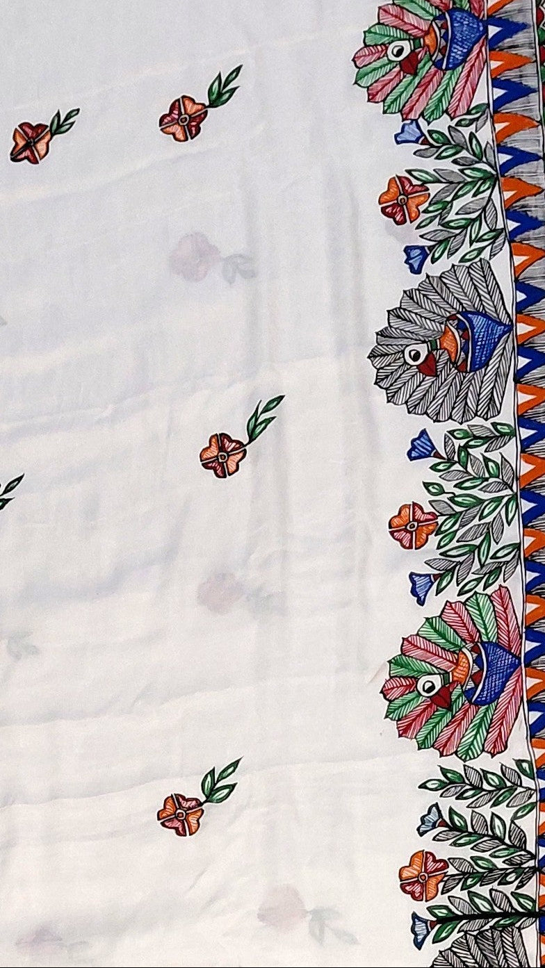 Ivory Modal Silk Madhubani Saree | Rangika Studio