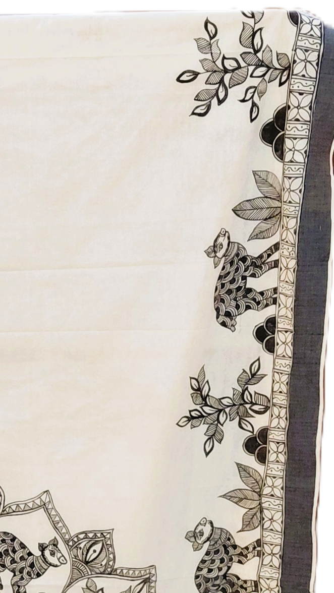 🦌 Ivory Kasavu Cotton Madhubani Saree | Rangika Studio