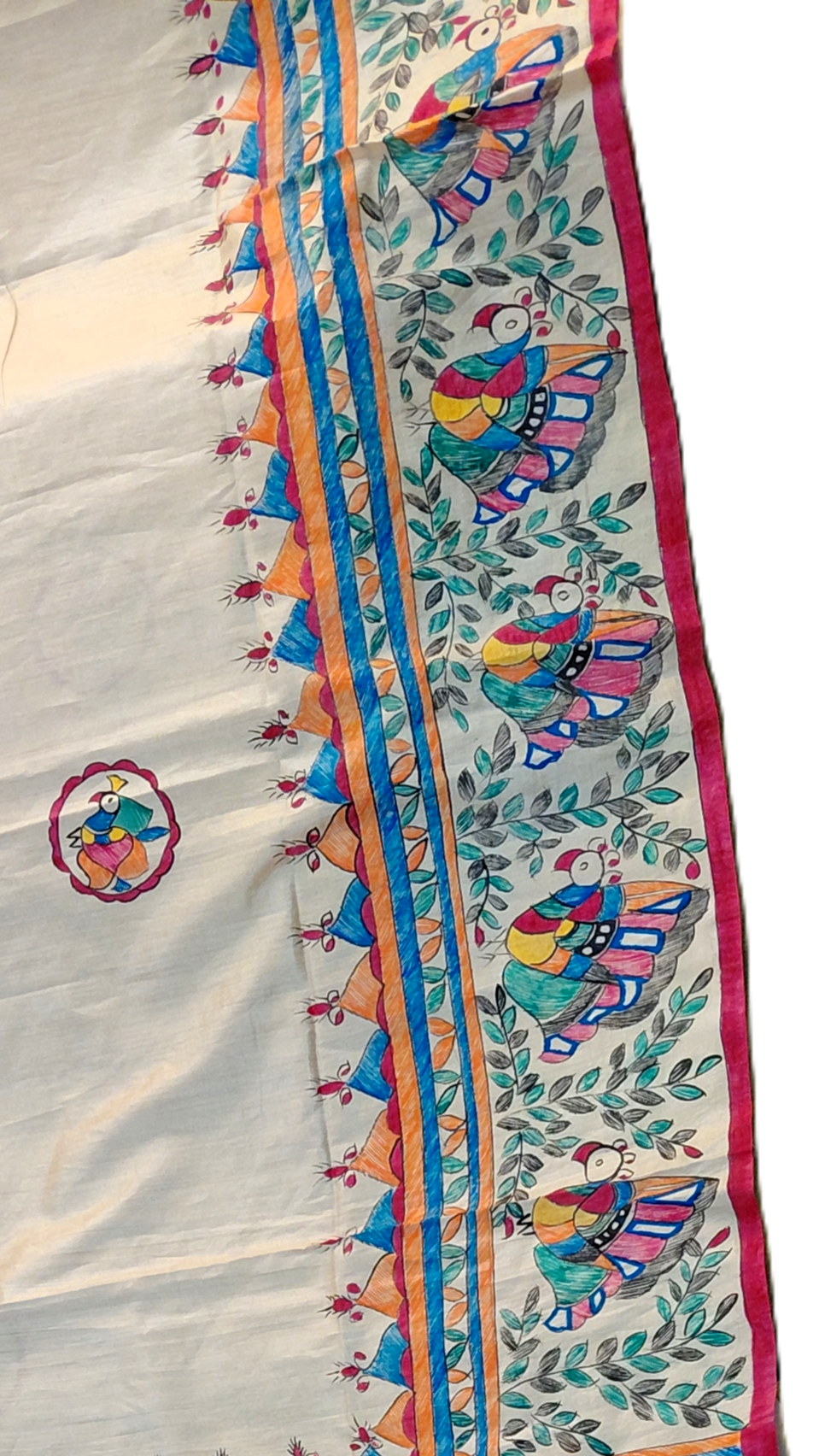 Ivory Tussar Silk Madhubani Saree | Rangika Studio