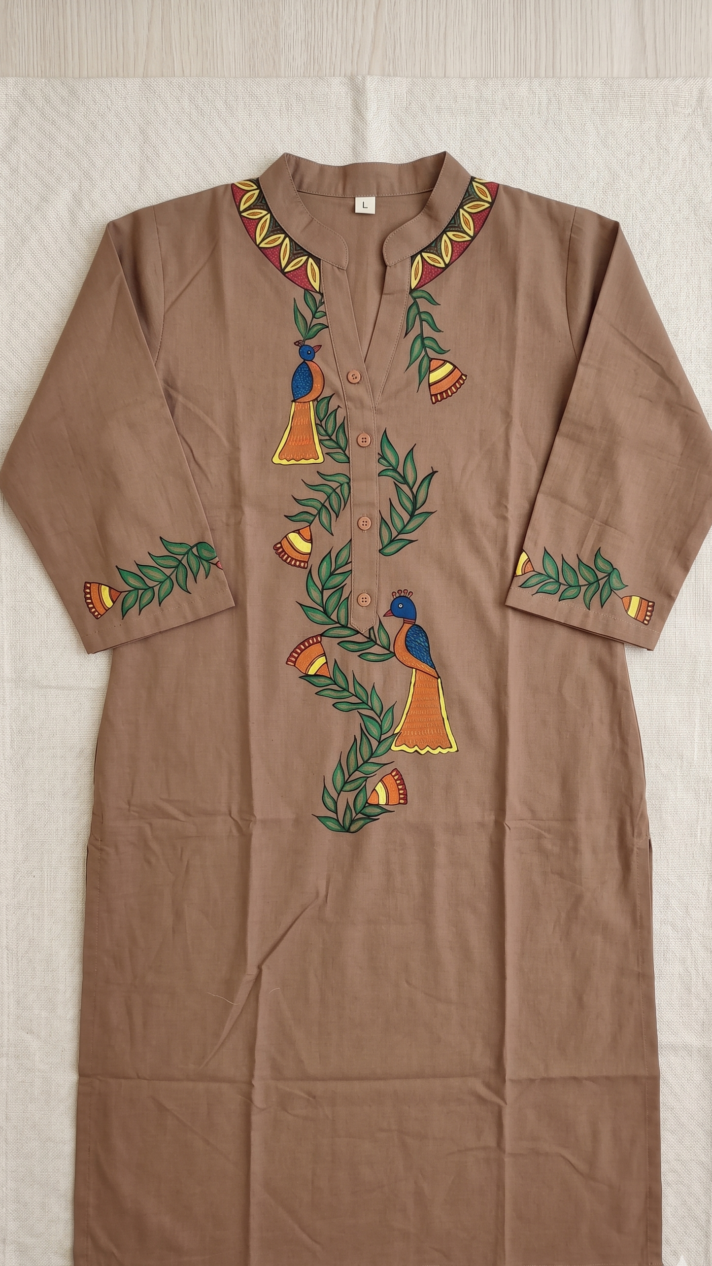 Hand-Painted Madhubani Cotton Kurta – Sandalwood Brown