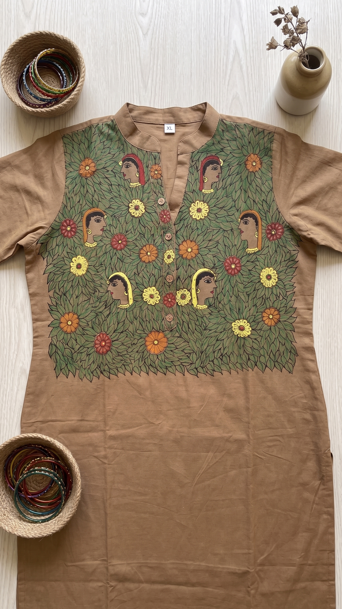Hand-Painted Madhubani Cotton Kurta – Sandalwood Brown