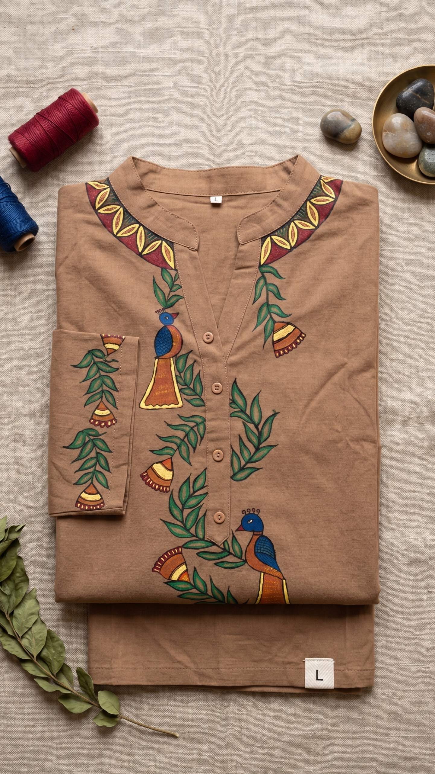 Hand-Painted Madhubani Cotton Kurta – Sandalwood Brown