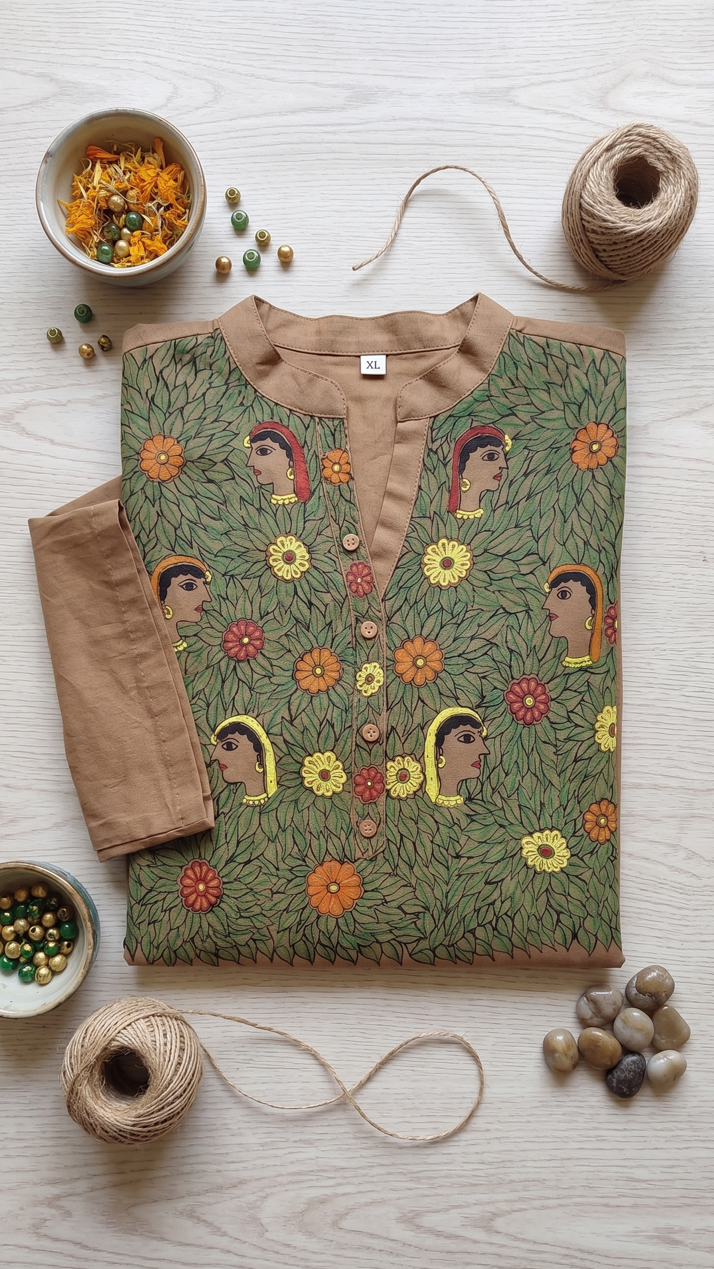 Hand-Painted Madhubani Cotton Kurta – Sandalwood Brown