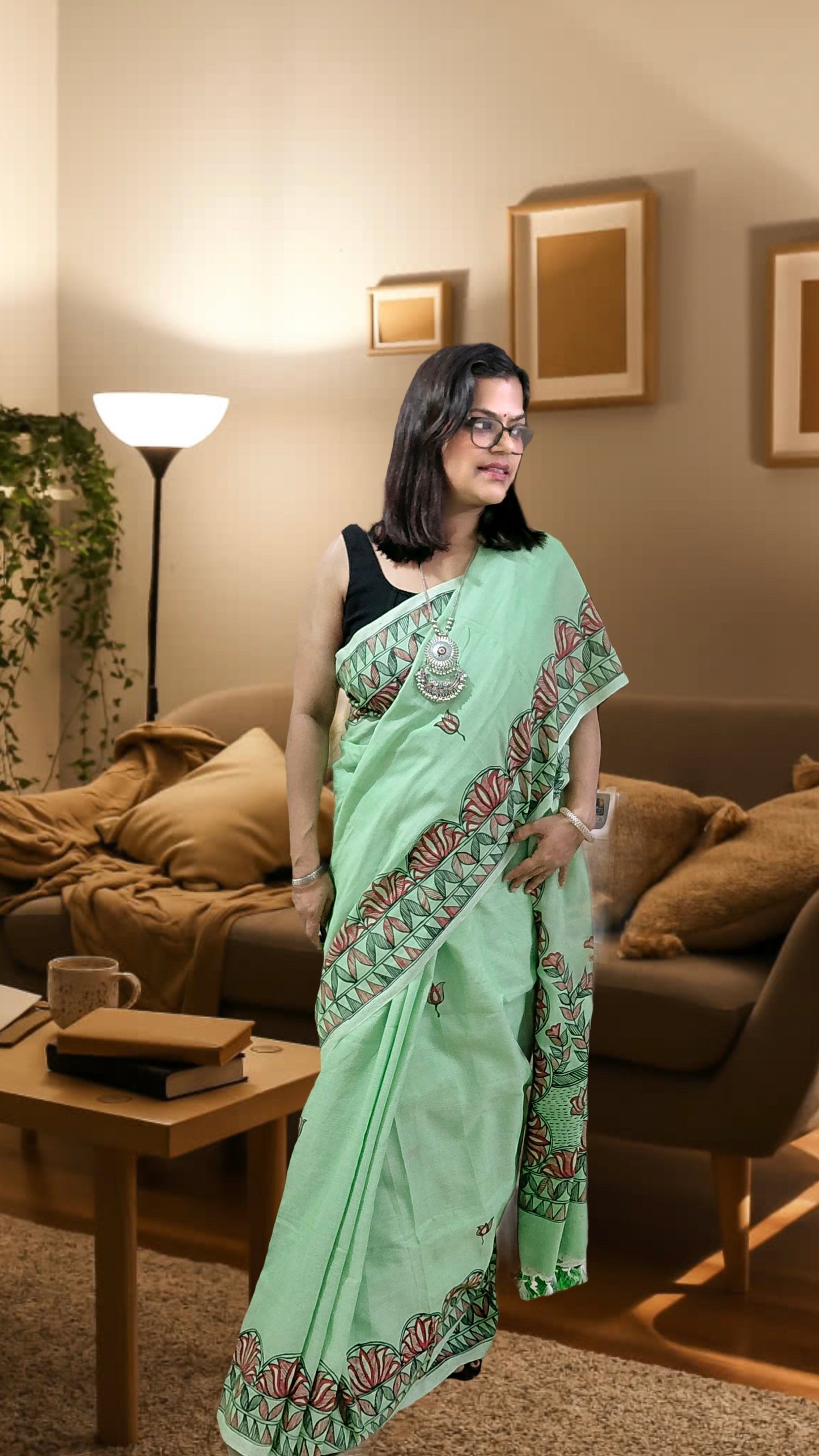 Mint Green Khadi Cotton Madhubani Hand-Painted Saree – Radha Krishna Garden