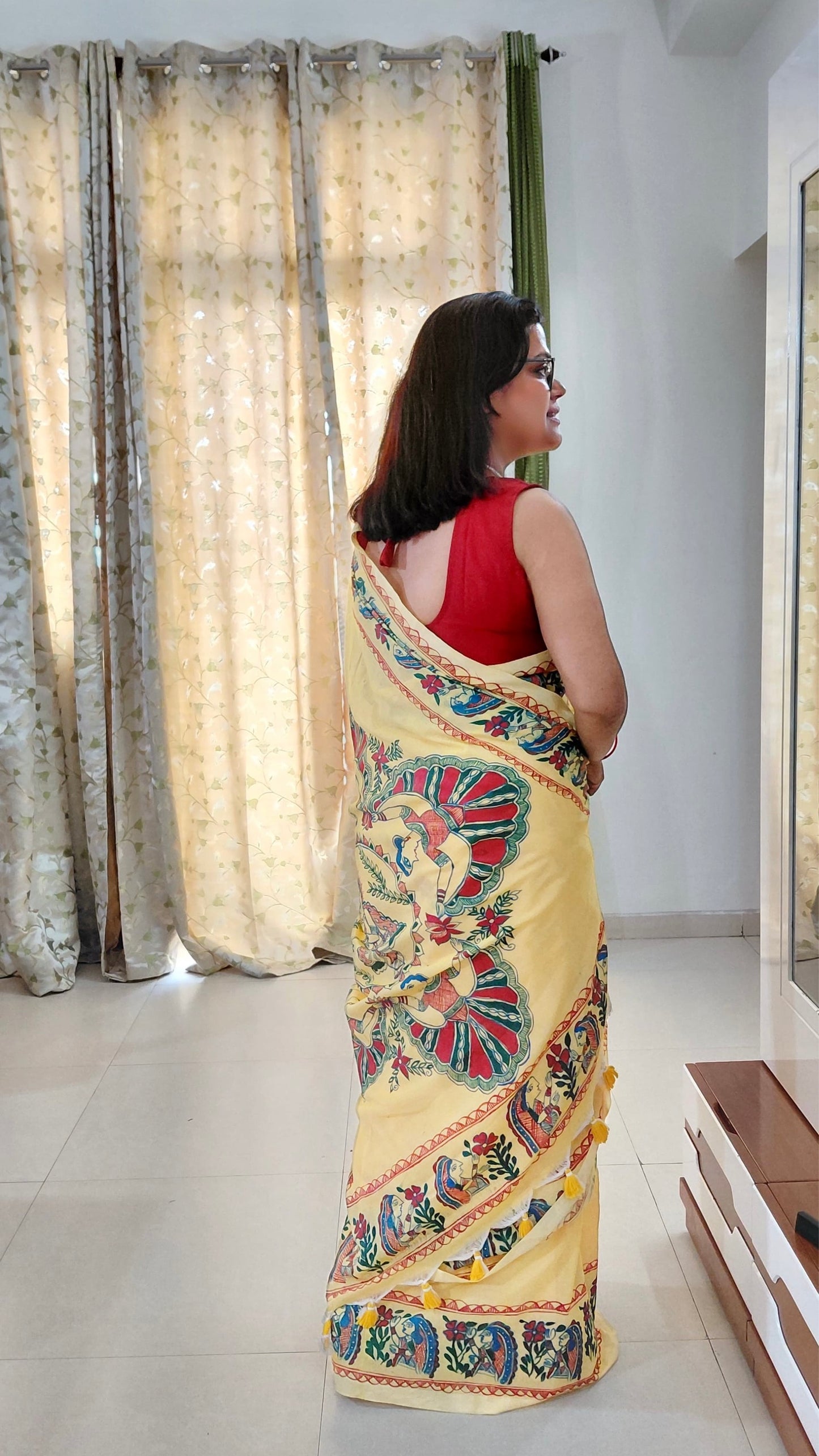 Primrose Yellow Khadi Cotton Madhubani Hand-Painted Saree – Krishna Raas Theme