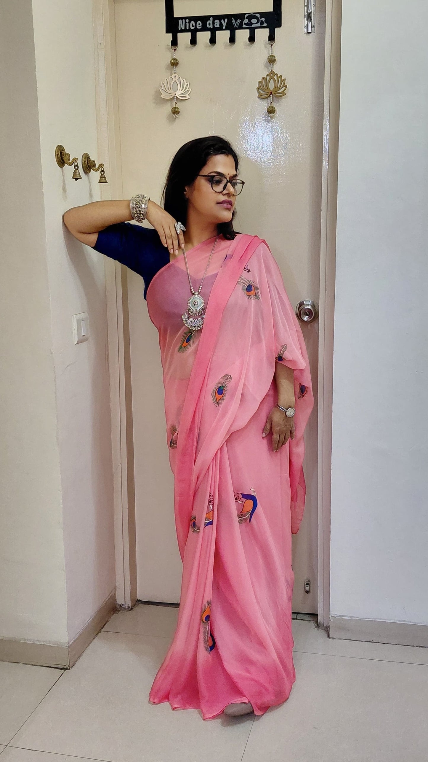 Candy Pink Pure Chiffon Silk Hand-Painted Madhubani Peacock Saree