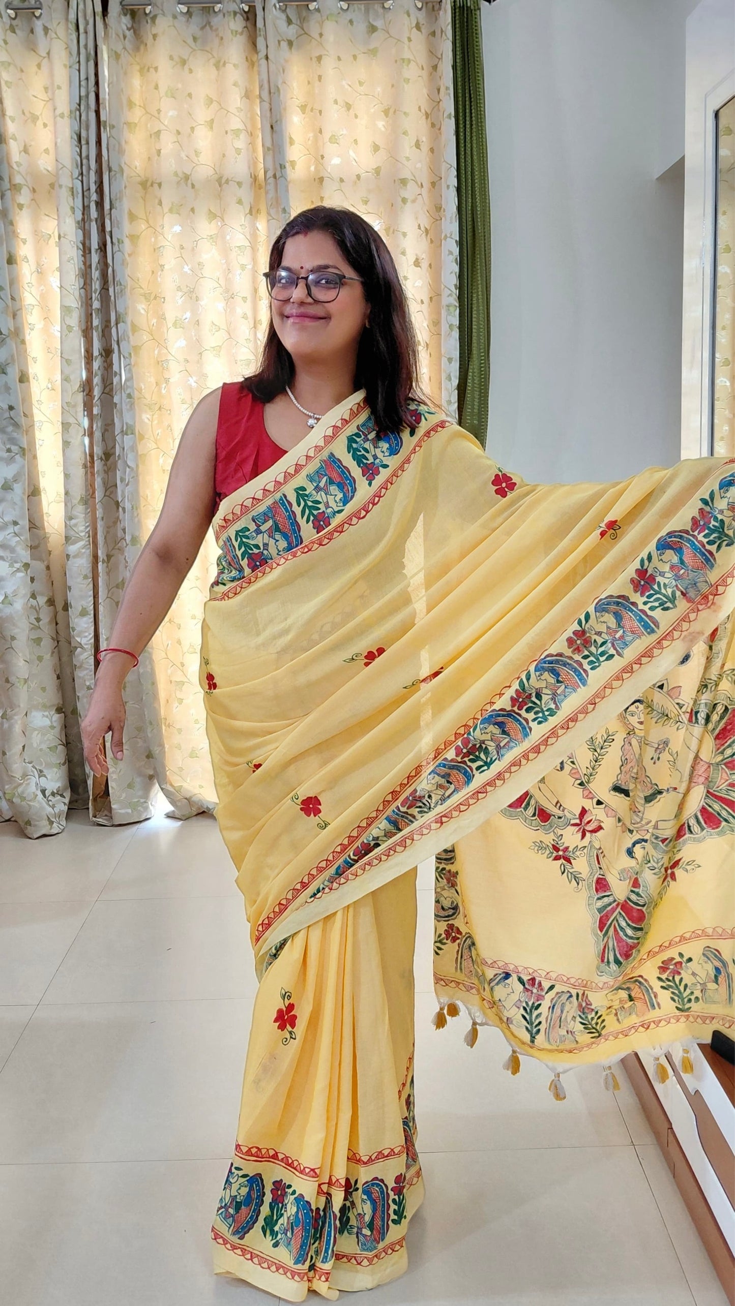 Primrose Yellow Khadi Cotton Madhubani Hand-Painted Saree – Krishna Raas Theme