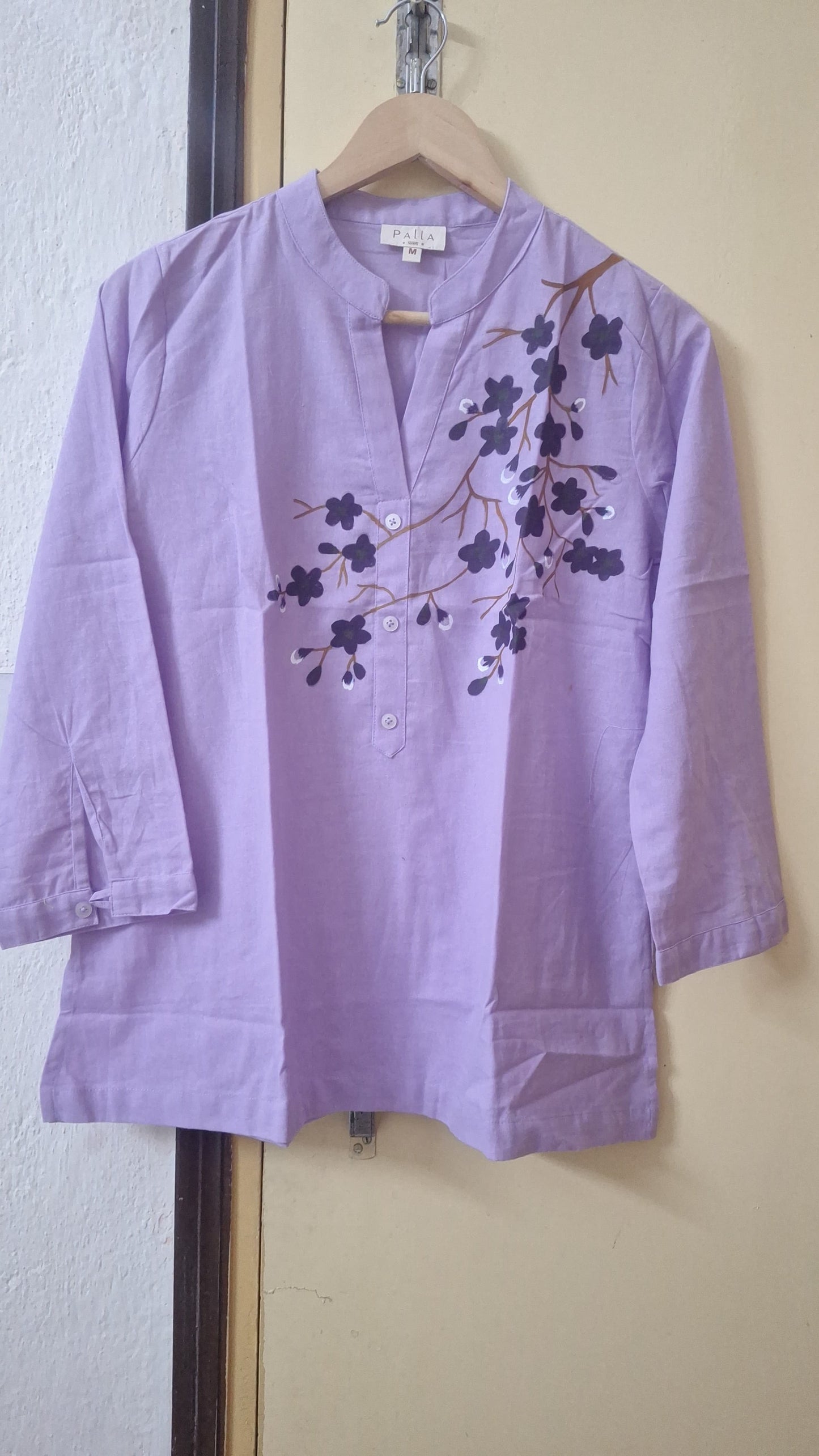 Lavender Pure Cotton Hand-Painted Madhubani Floral Short Kurta