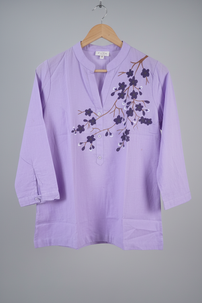 Lavender Pure Cotton Hand-Painted Madhubani Floral Short Kurta