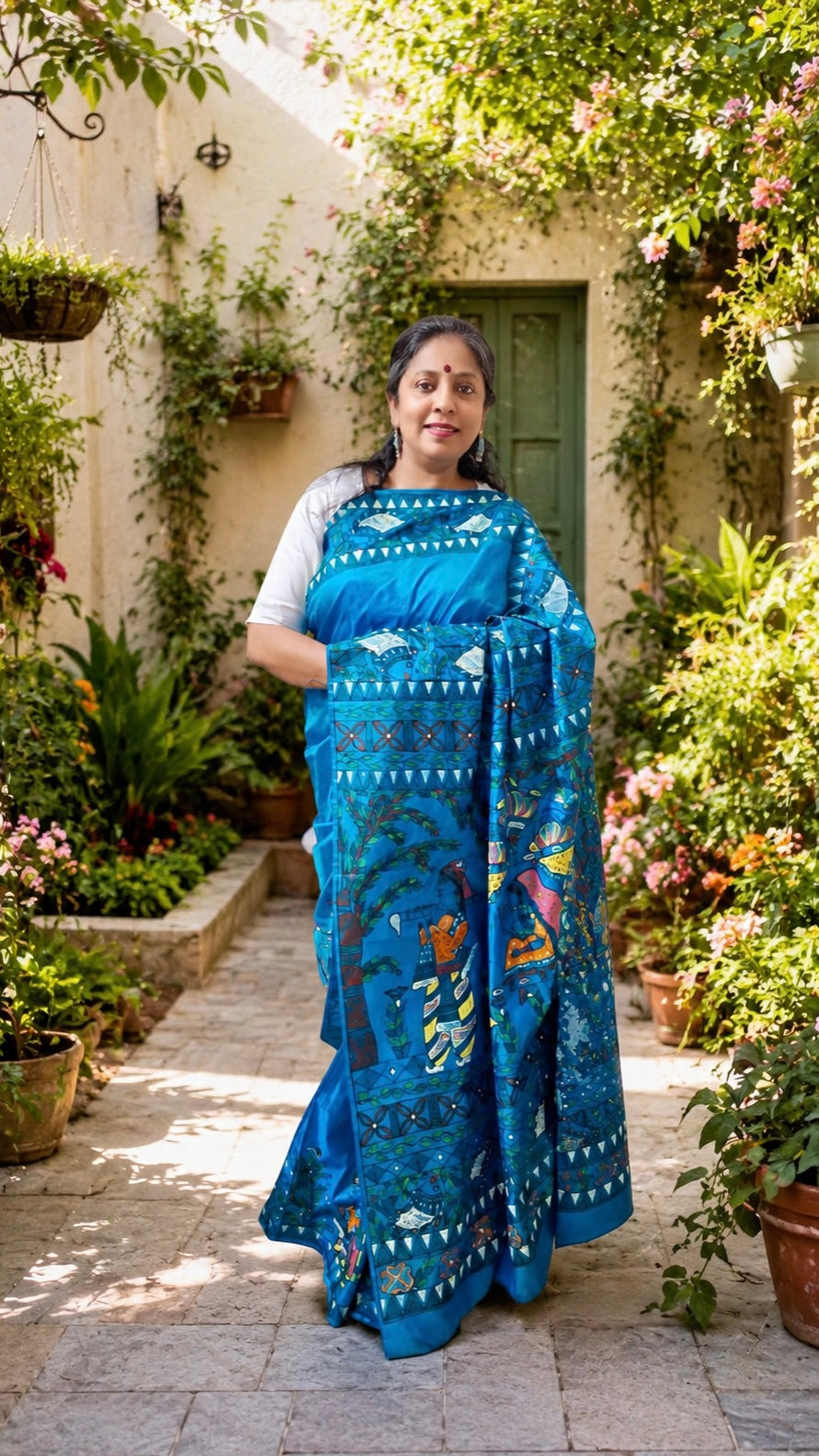 💠Turquoise Blue Pure Silk Madhubani Saree