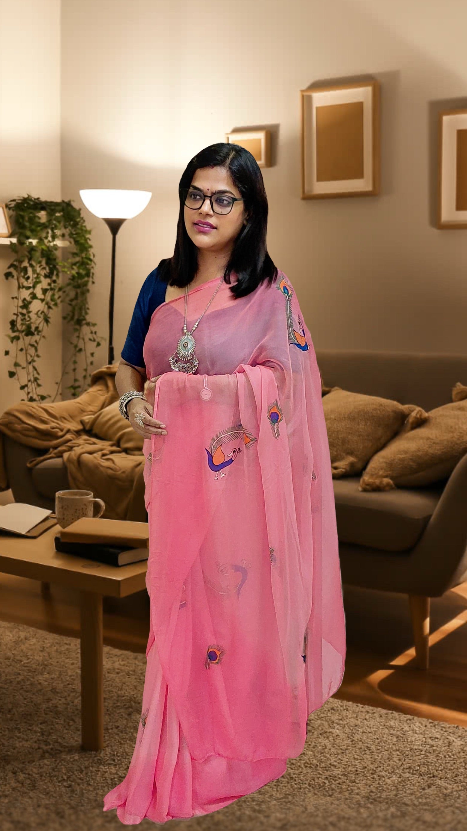 Candy Pink Pure Chiffon Silk Hand-Painted Madhubani Peacock Saree front view