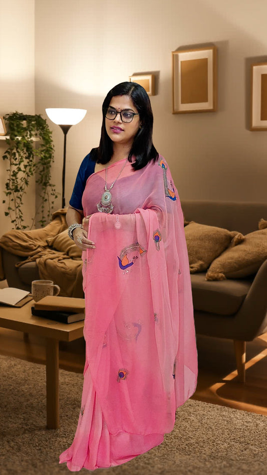 Candy Pink Pure Chiffon Silk Hand-Painted Madhubani Peacock Saree front view