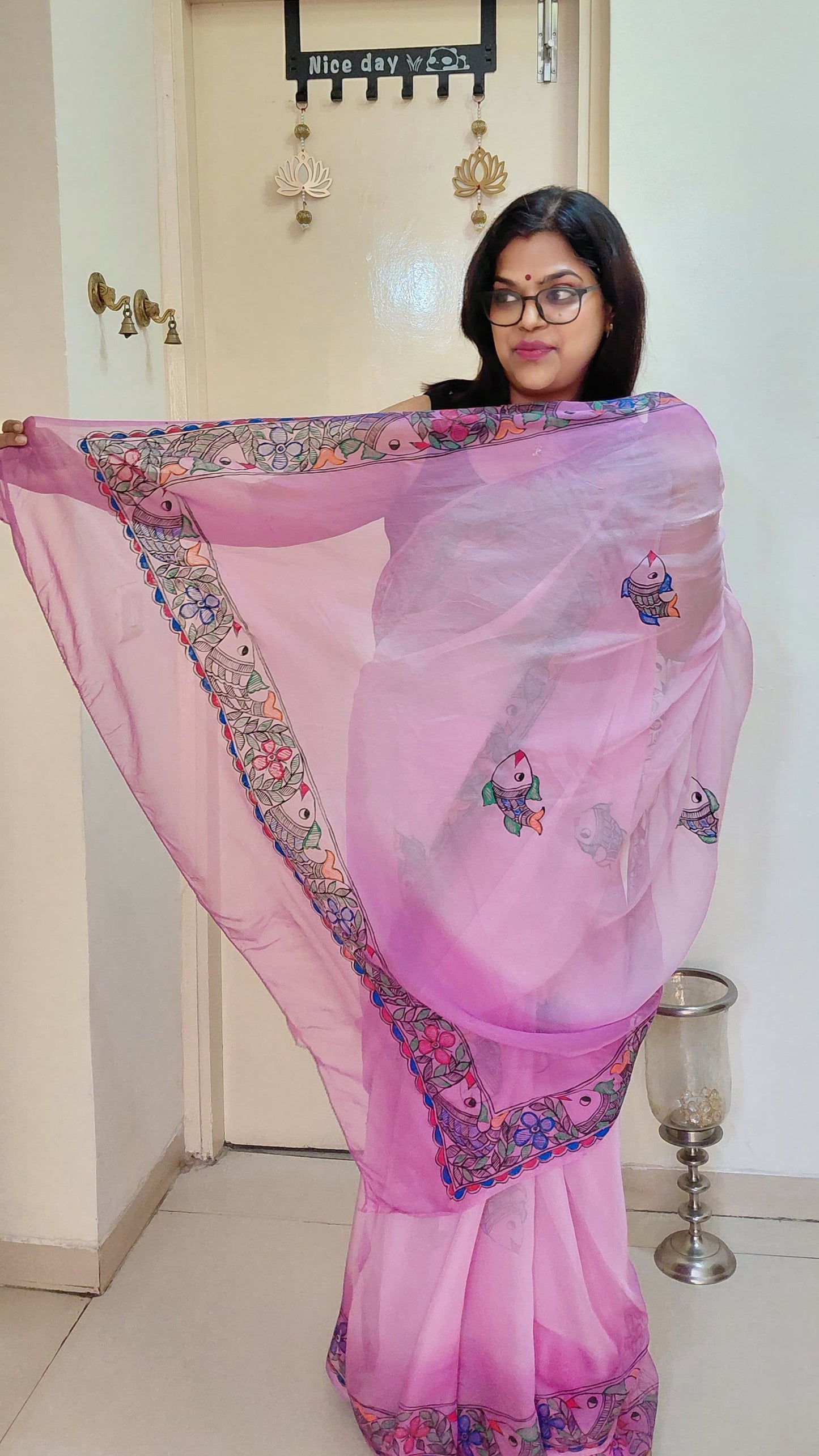 Colourful Fish Motif Pure Chiffon Saree by Rangika Studio