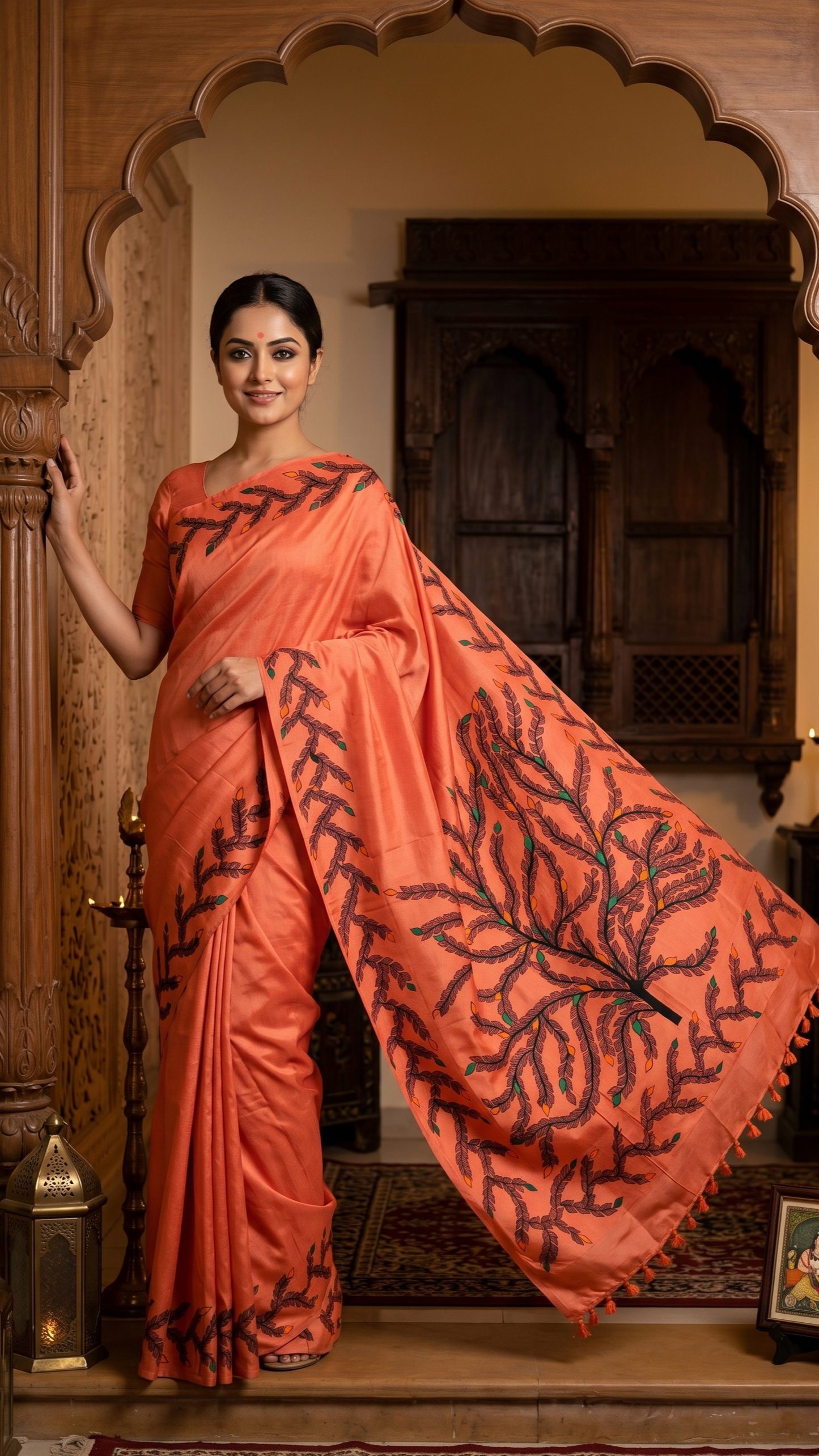 Coral Peach hand-painted Madhubani Katan Silk saree