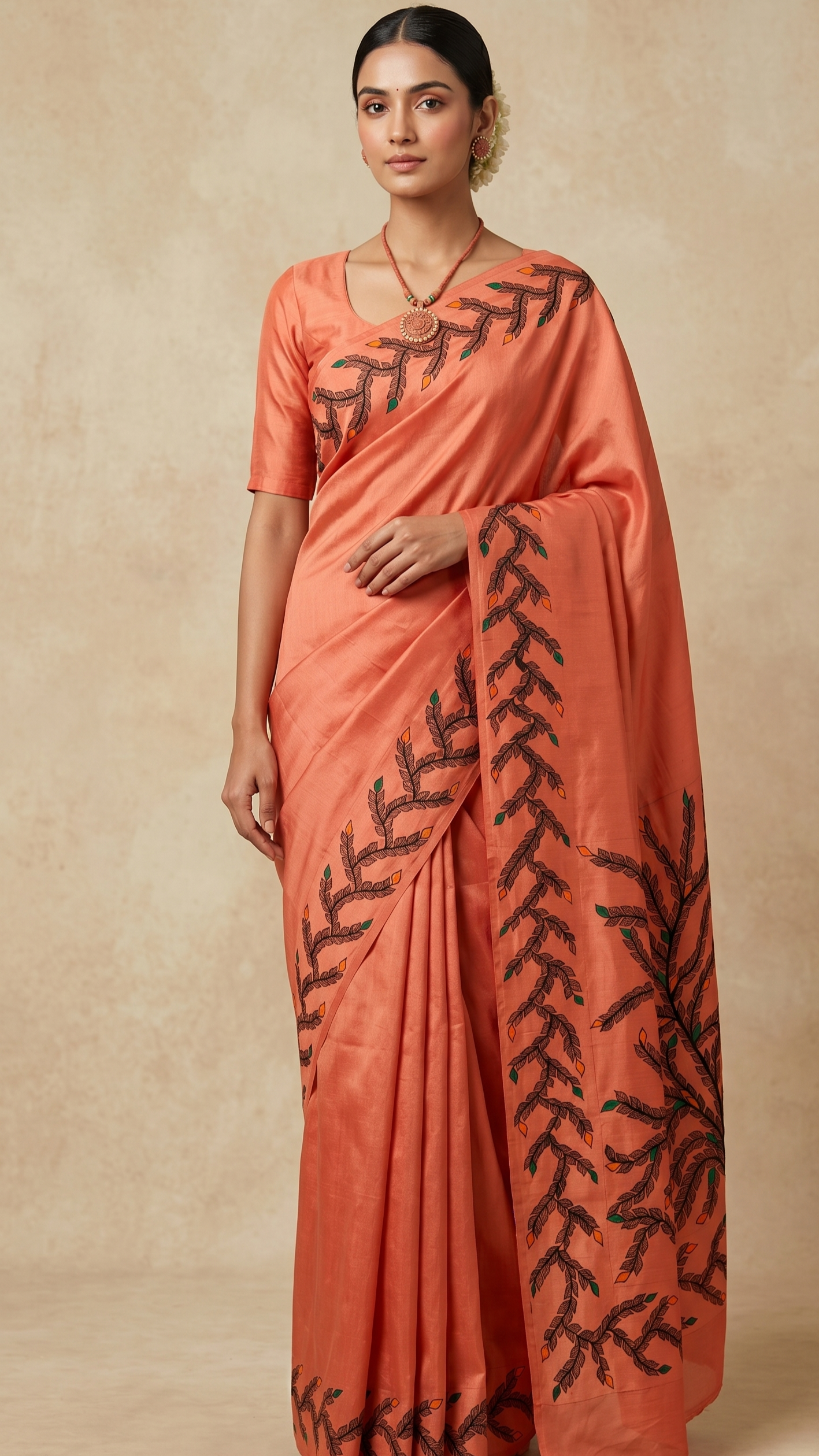Handcrafted Katan Silk saree with Madhubani vine border